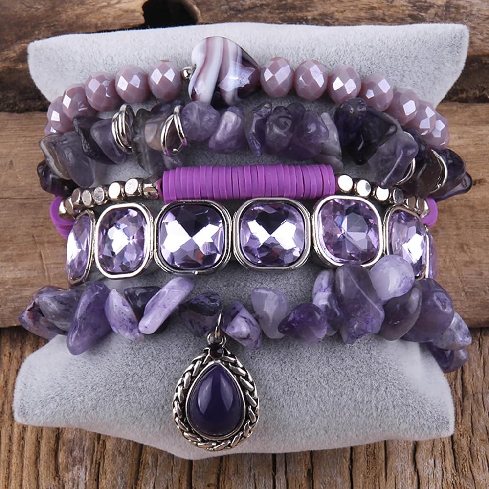 Yomisa Boho Beaded Bracelets for Women,Multilayer Wrap 5PCS Healing Natural Amethyst Stone Bead Bracelets Handmade Stackable Friendship Stretchy Beaded Bracelet Set Trendy Bohemian Jewelry Gift Women