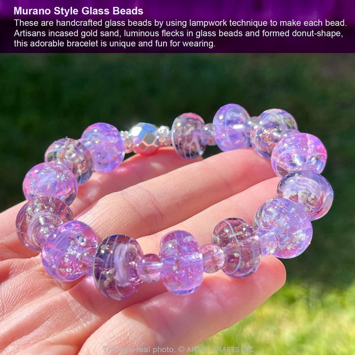 ARTSY Crafts Glow in The Dark Firefly Beads Bracelet, Handmade in USA, Colorful Donut Shaped Luminous Murano Glass Beads Jewelry Mermaid Crystals Inspirational Gift (Lavender + Violet)