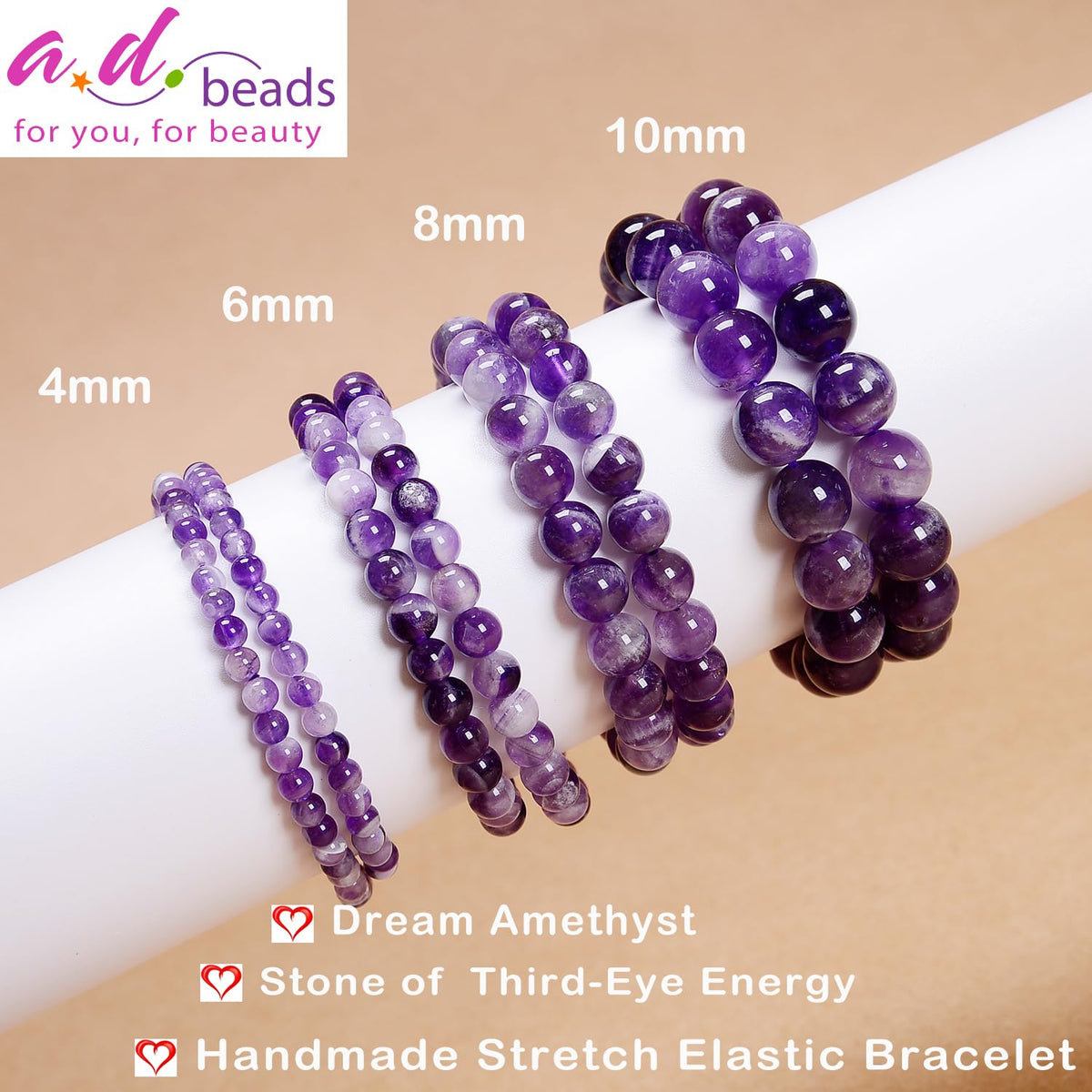 AD Beads Handmade Gemstone Stretch Elastic Bracelet Crystal Healing Reiki Nature's Beauty and Spiritual Essence Unisex (8mm, Dream Amethyst (Third-Eye Energy))