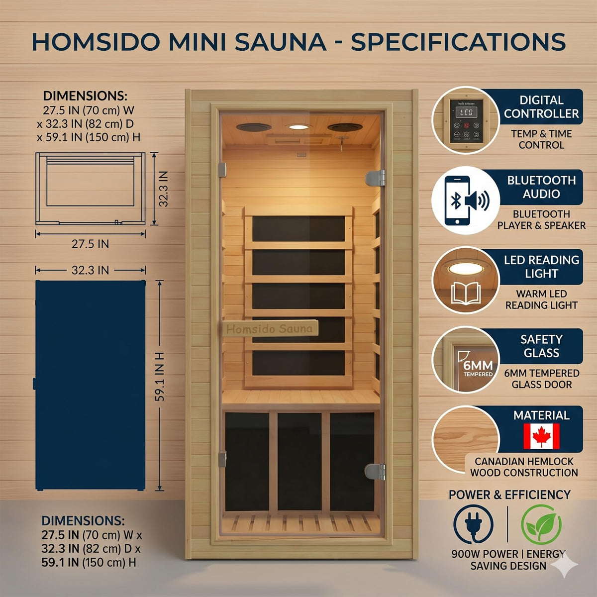 1-Person Home Sauna, 32.3IN x 27.2IN x 59IN Mini Canadian Hemlock Wood Far Infrared Sauna with 5 Low-EMF Carbon Heaters (60-140°F), 110V/900W, Bluetooth Speaker, Quick 30-Min Setup, Fits Any Room