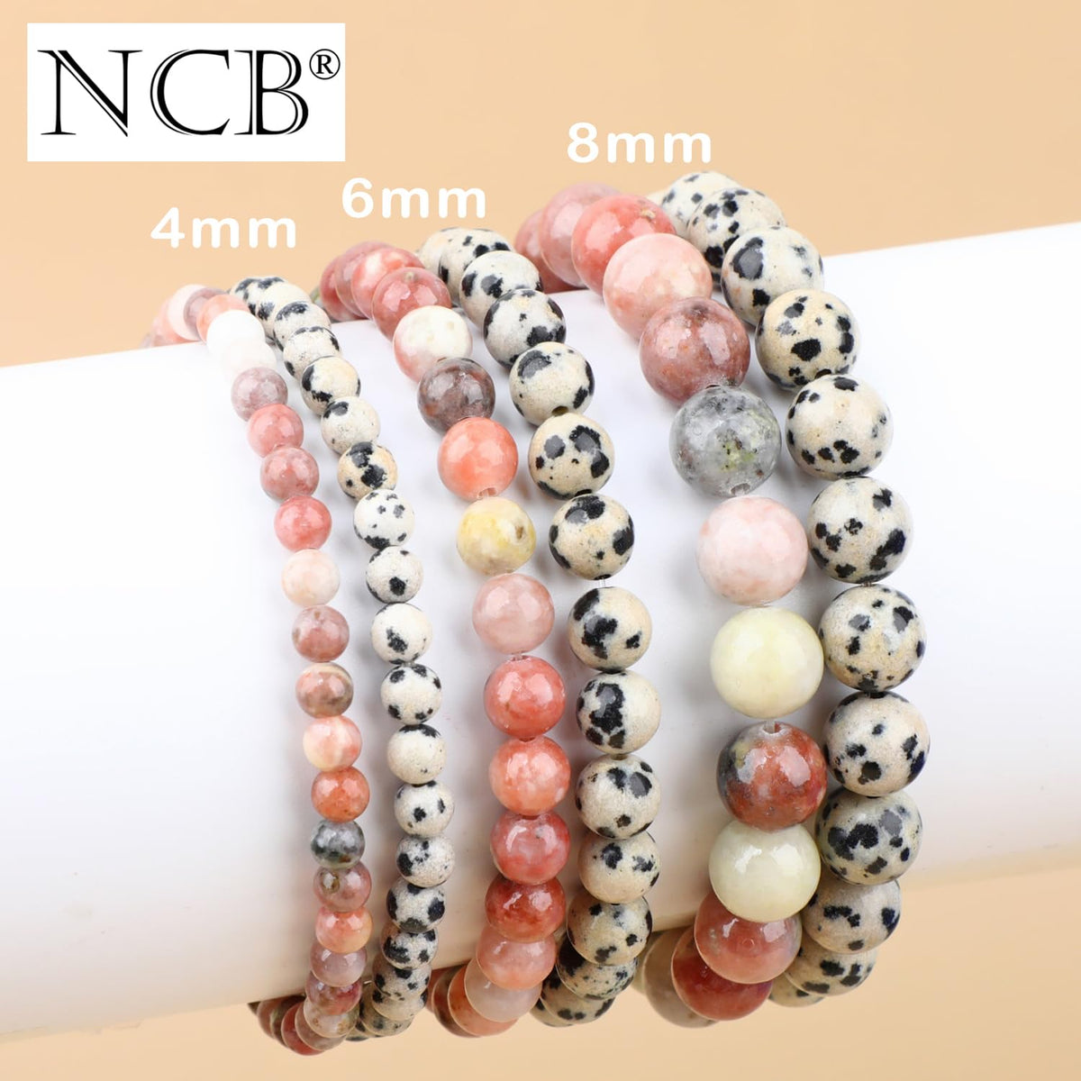 NCB 2-Piece 4mm Natural Crystal Gemstone Stretch Bracelets – ﻿Dalmation Jasper, Red Plum Blossom Stone Handmade Reiki Energy Healing Jewelry for Meditation,Yoga, Unisex