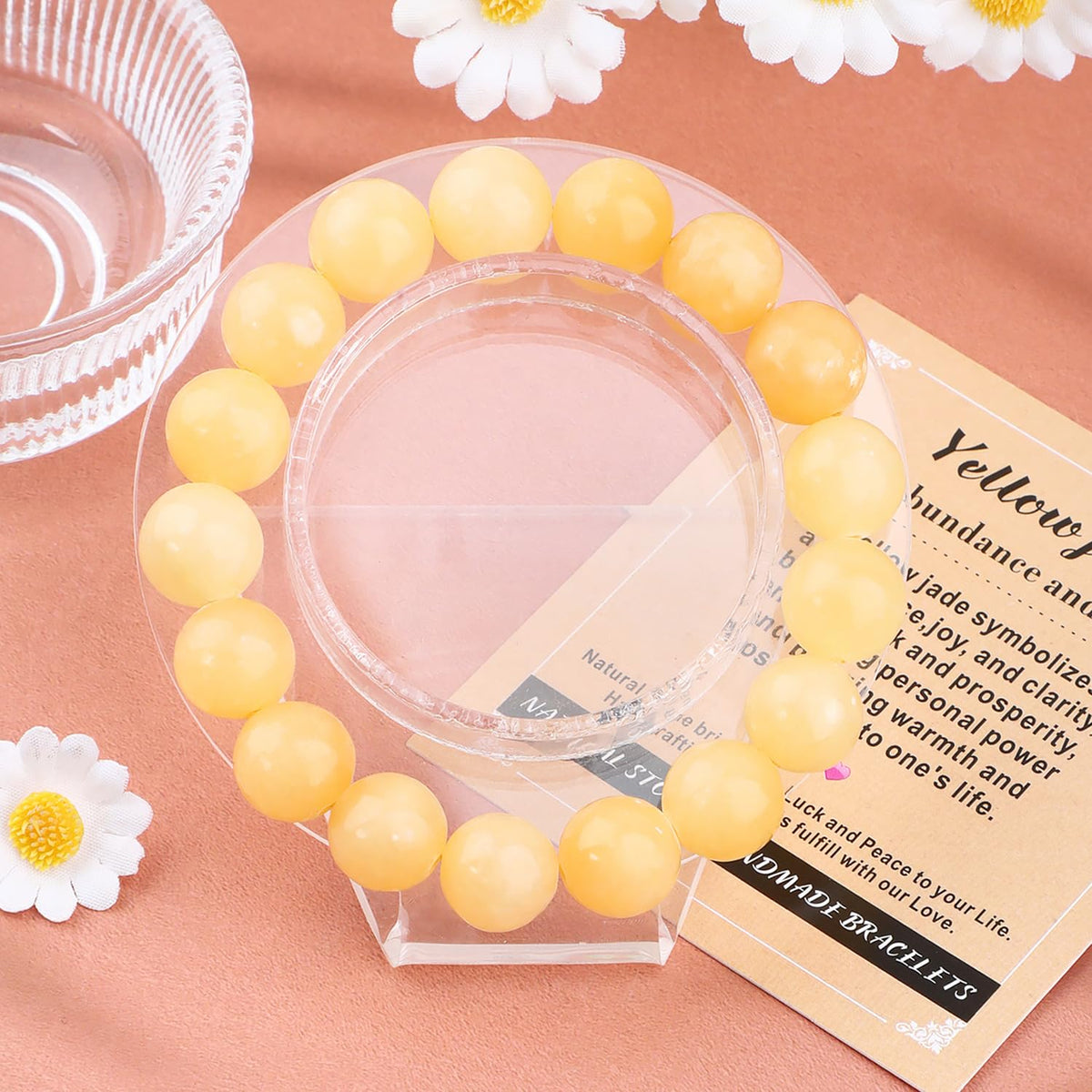 AD Beads Handmade Gemstone Stretch Elastic Bracelet Crystal Healing Reiki Nature's Beauty and Spiritual Essence Unisex (12mm, Yellow Jade (Abundance and Joy))