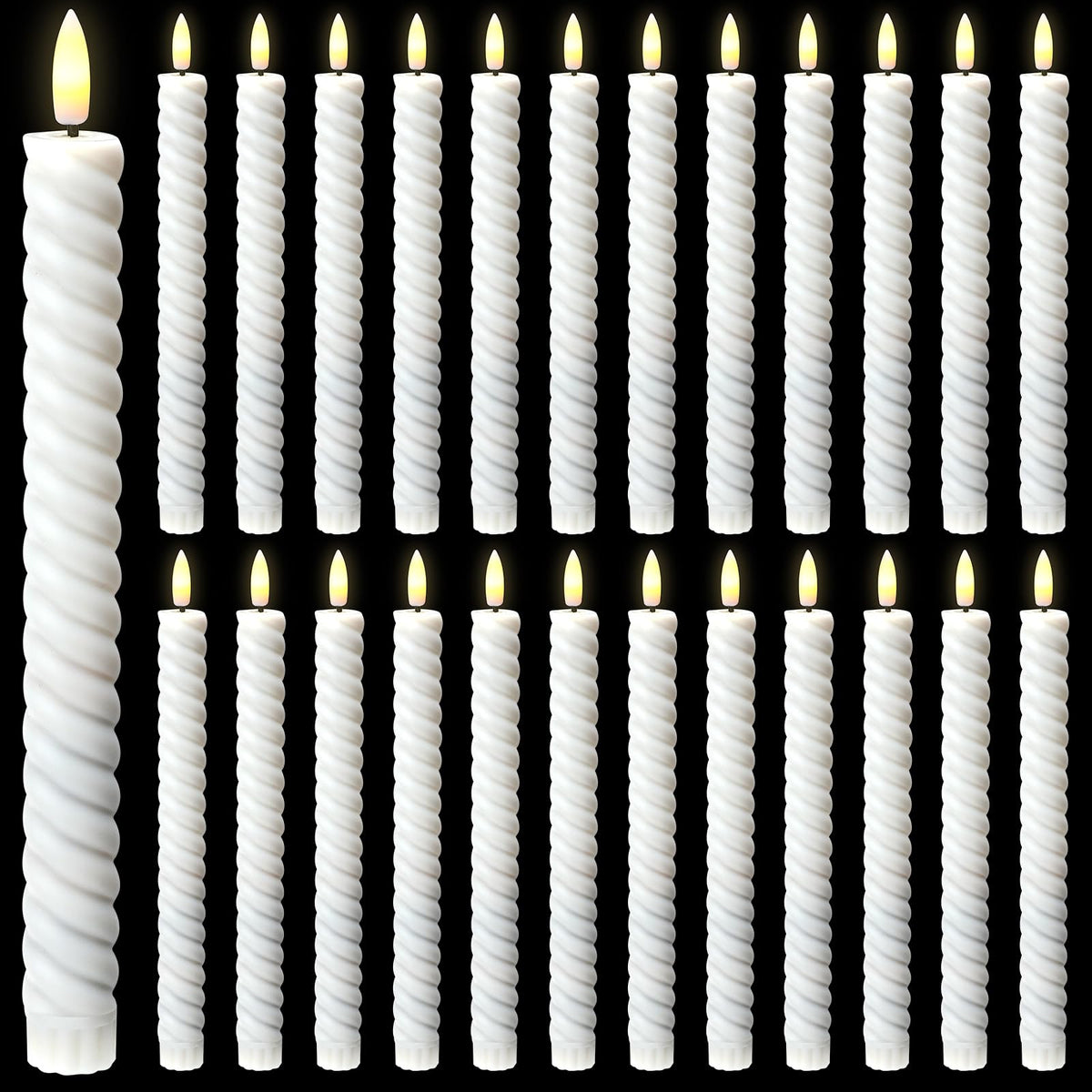 Tuanse 24 Pcs 10 Inch Flameless Twisted Taper Candles LED Flickering Battery Operated Candles Electric Warm Light Candlesticks for Wedding Birthday Party Home Dinner Decor(White)