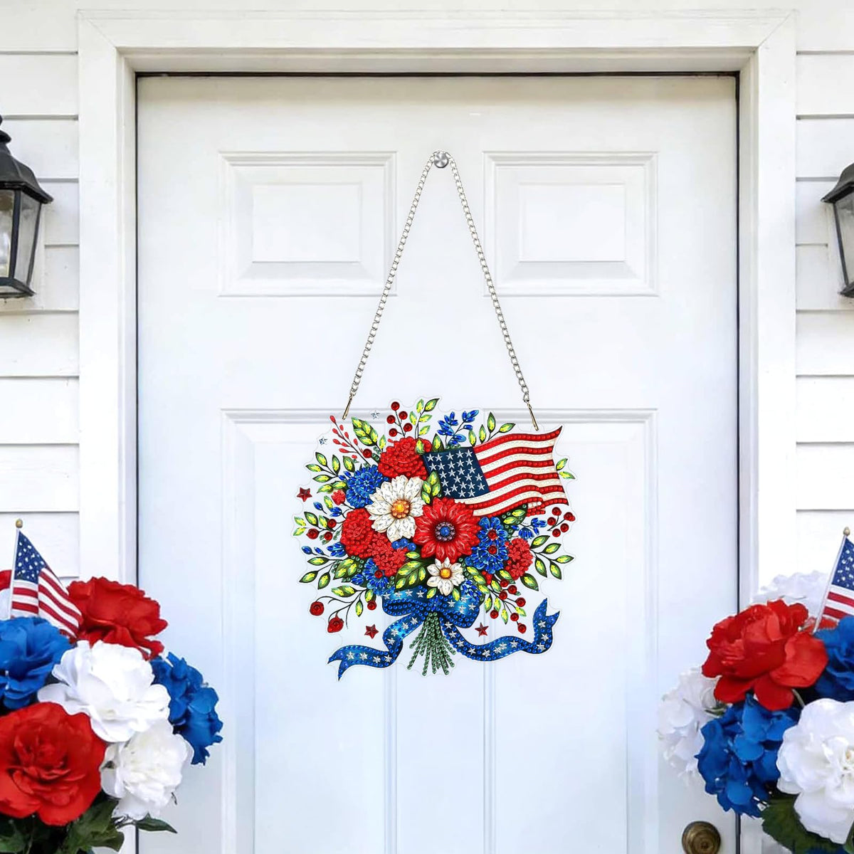 Flowers Diamond Art Hanging Kits for Adults, American Flag Diamond Painting Window Pendant Kits, DIY Acrylic Special Shaped Crystal Gem Art Painting Ornament for Home Garden Wall Hanging Decor