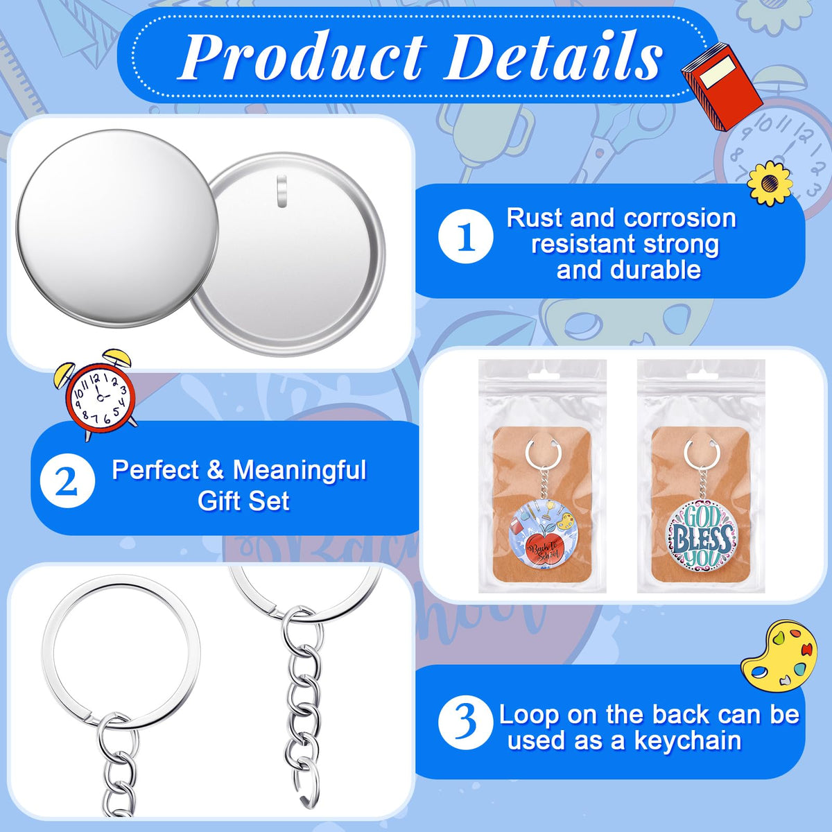 Tondiamo 100 Sets 58 Mm/ 2.25 Inch Button Maker Keychains Supplies Metal Button Badge Sets Including Metal Shell, Plastic Film, Backing Parts, Bags, Cards for Maker Machine DIY Christmas Gifts