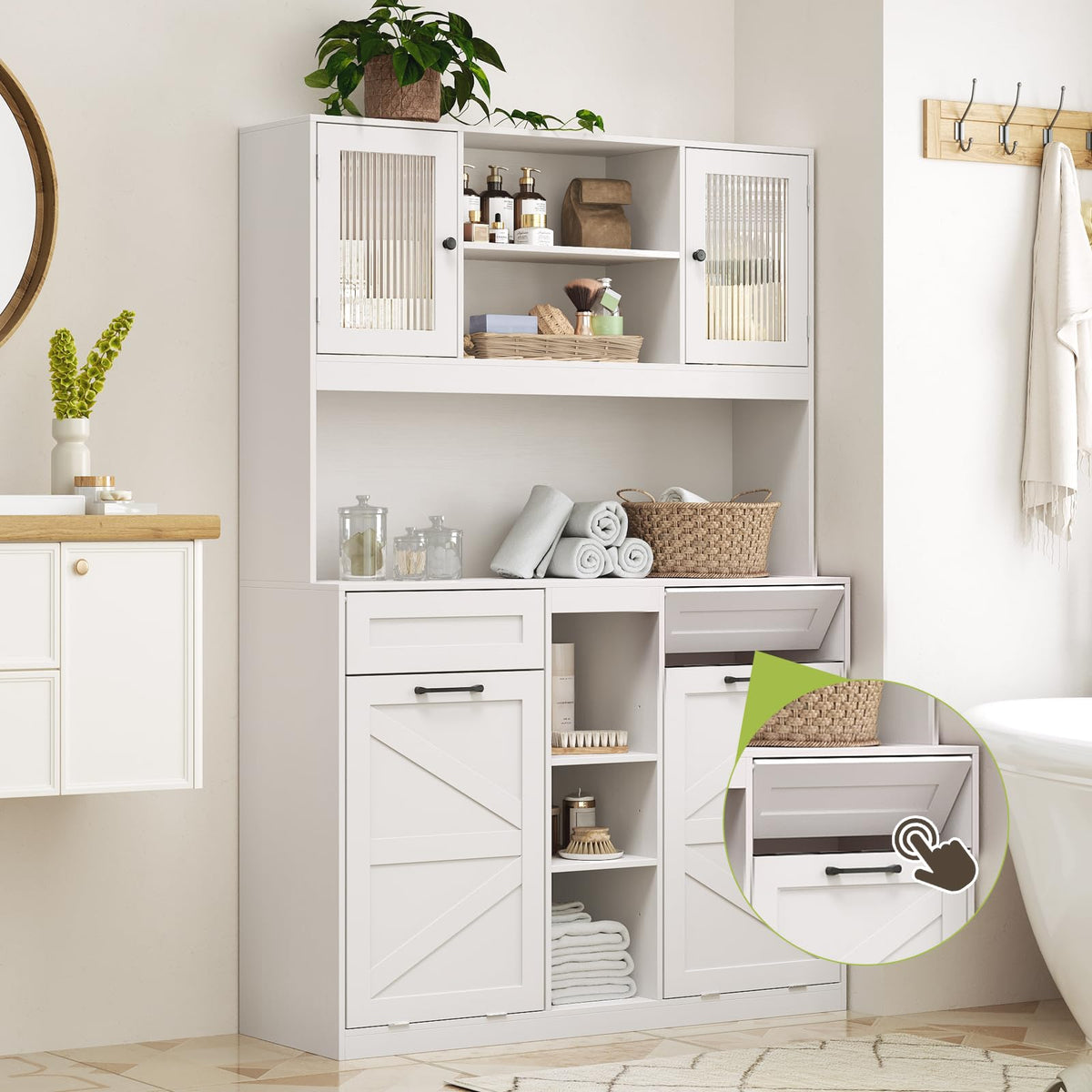 STHYTON Tall Tilt-Out Double Laundry Hamper Cabinet with 2x11-Gallon Hidden Laundry Basket, Tilt Out Trash Bin Cabinet with Fluted Glass Doors, Farmhouse Wooden Bathroom Storage with Push Doors, White