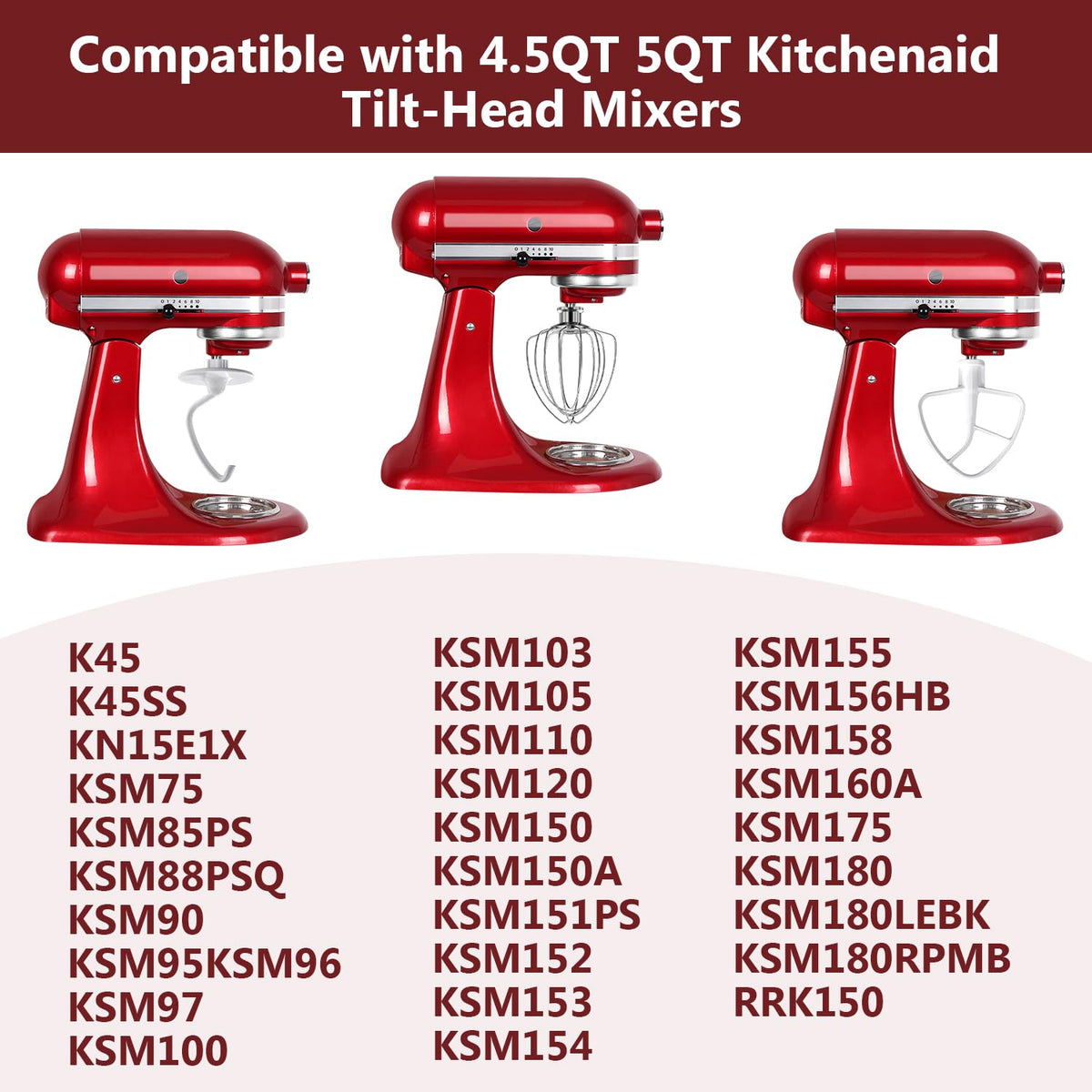 LETOMS Stand Mixers Accessories 3-Piece Including K45WW Wire Whip & K45DH Dough Hook & K45B Flat Beater fit for Kitchenaid 4.5-5QT Tilt-Head Stand Mixers