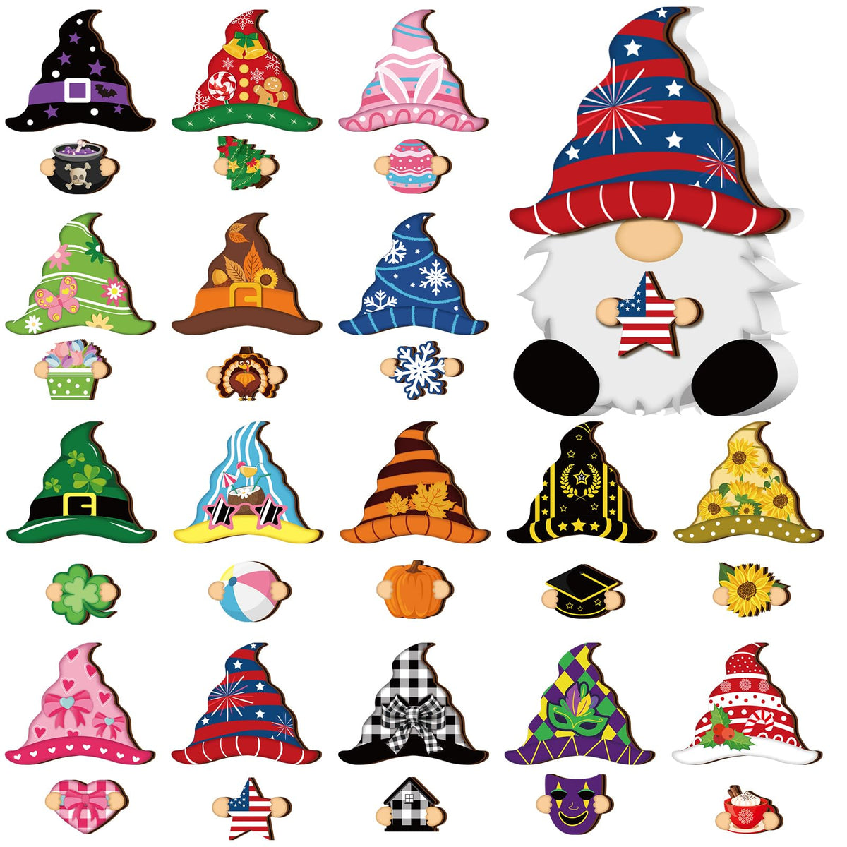 Qunclay 33 Pcs Interchangeable Wooden Gnome Decor Summer 4th of July Patriotic Tiered Tray Decor Set with Magnet and Detachable Hats Holiday Table Centerpieces for Home(Stylish)