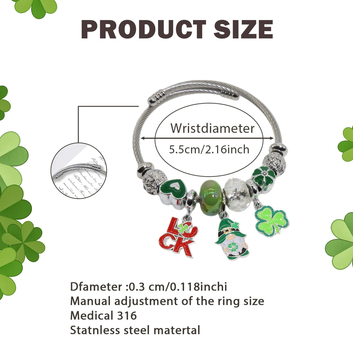 QMWKVNC St. Patrick's Day Charm Bracelets for Womens,Exquisite Cute Cartoon Friendship Silver Bracelets Stainless Steel Bangle, Womens Jewelry Suitable for Holiday Gifts and Birthday Gifts