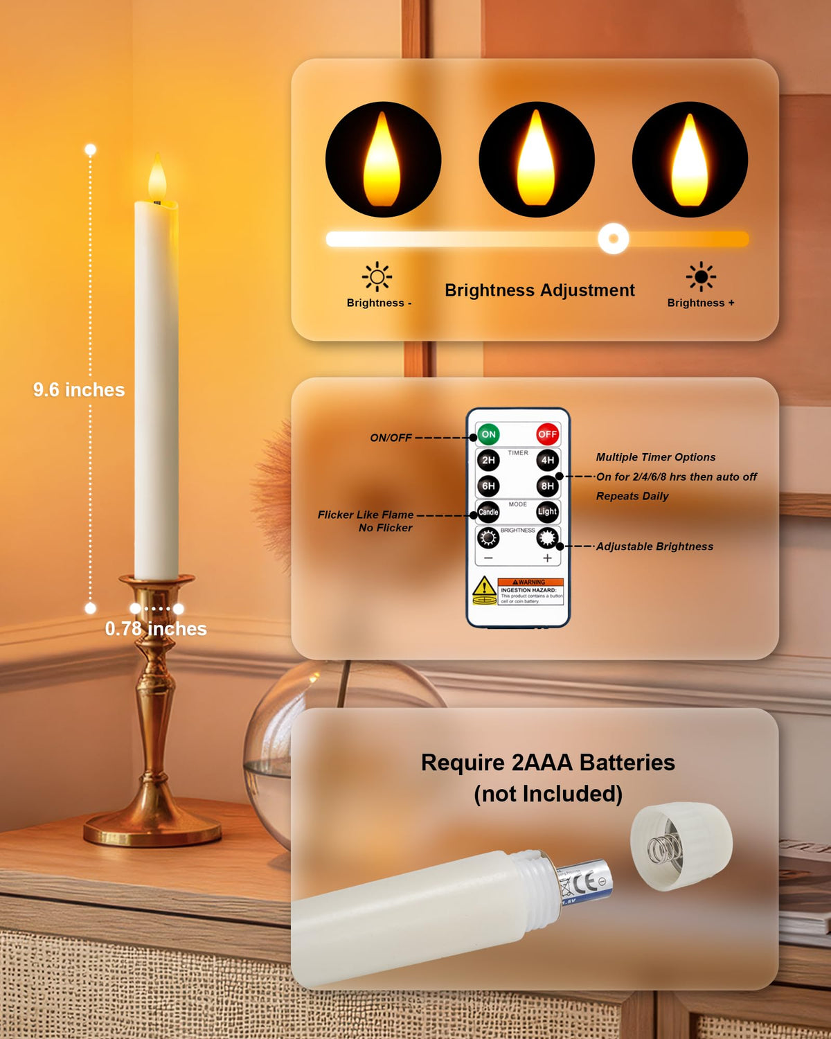 Homemory 6 Pcs Wax Flameless Taper Candles with Remote Timer and Dimmer, White Candle Sticks Battery Operated, LED Window Candles with Flickering Light, 9.6 Inches for Wedding Home Indoor Decoration