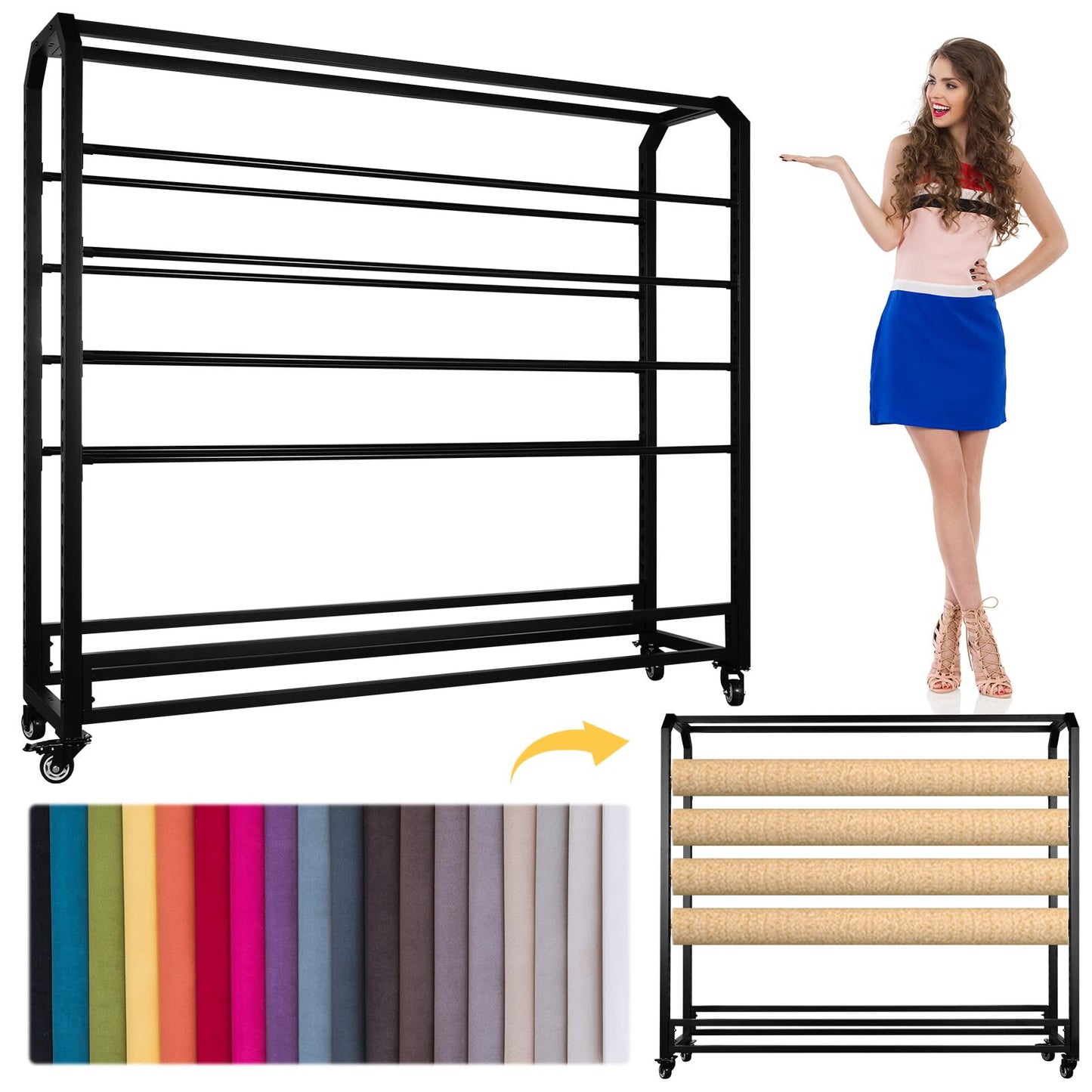 Fabric Roll Storage Rack with Wheel Adjustable Hanging Rod Bracket Display Shelf