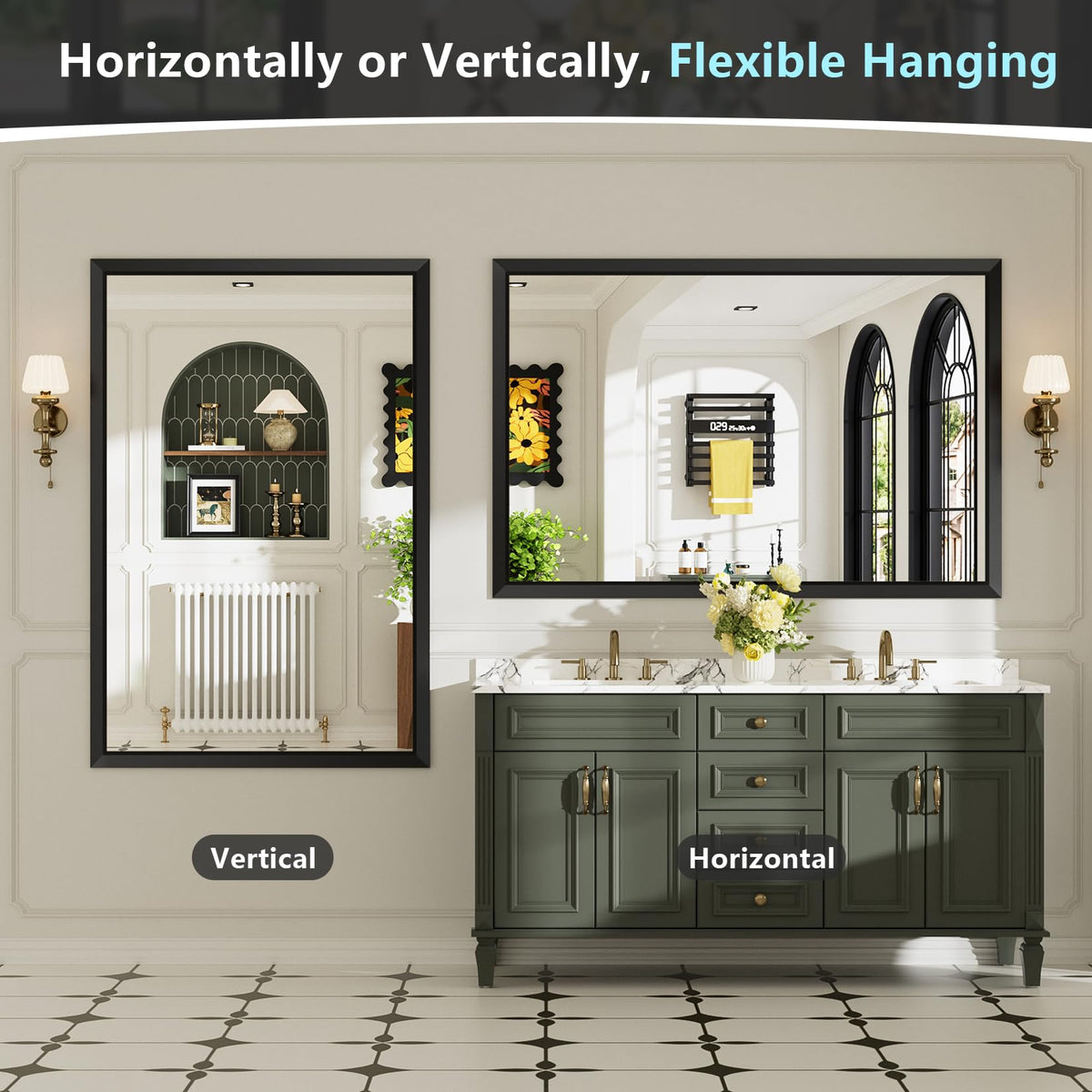 AWANDEE 72x32 Inch Black Bathroom Mirror for Wall, Beveled Framed Rectangle Bathroom Vanity Mirrors for Over Sink, Bedroom, Living Room, Entryway, Anti-Rust, HD Tempered Glass, Horizontally/Vertically