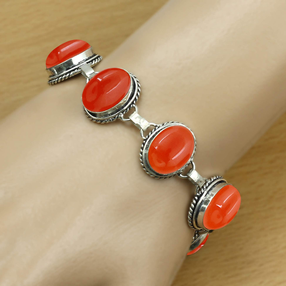 Natural Carnelian Silver Plated Handmade Link Bracelet for Women - July Birthstone Oval Gemstone Adjustable Bracelet Vintage Style Jewelry - Wedding Christmas Gifts for Her