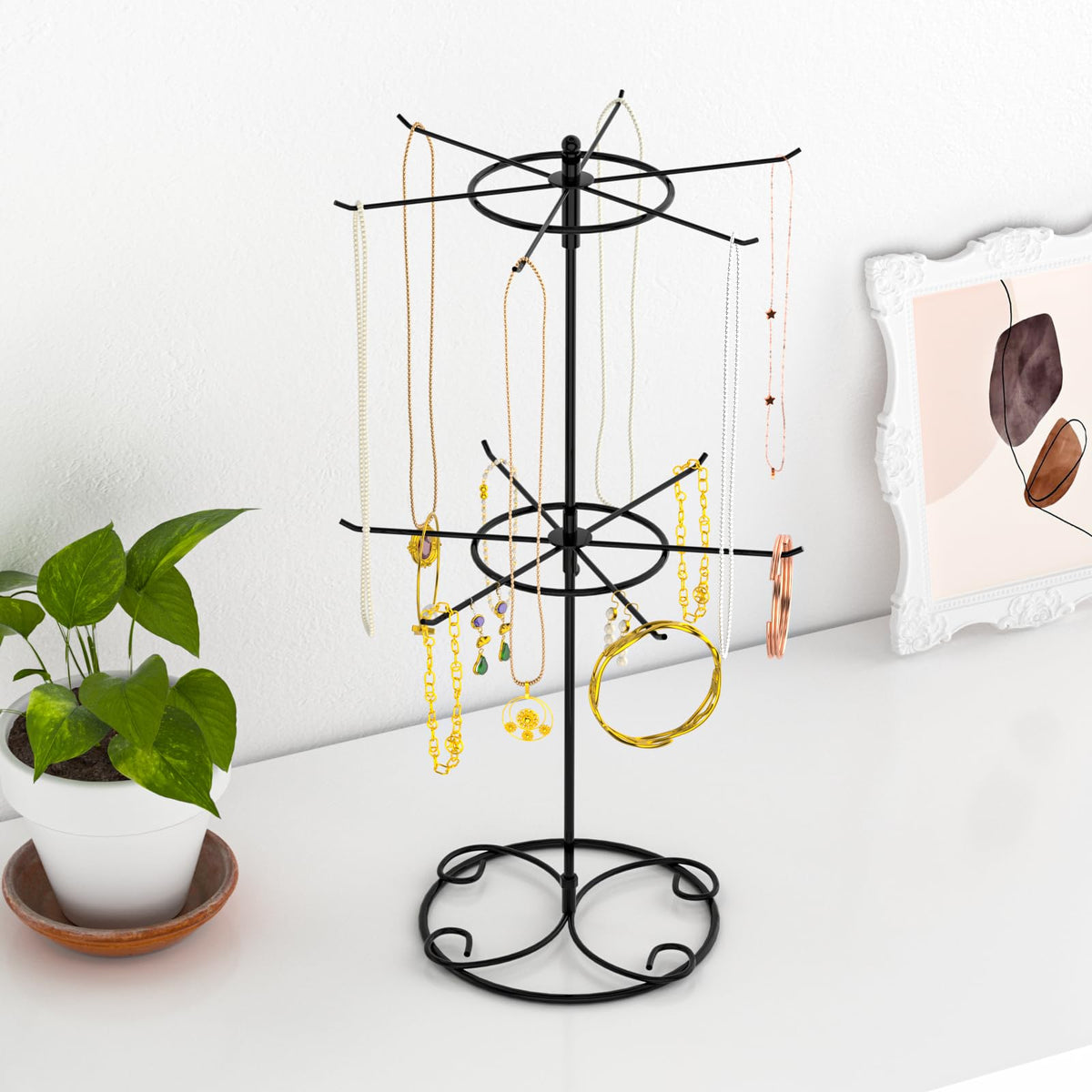 JHJFRAWY Jewelry Stand Organizer, 2-Tier Rotating Necklace Organizer, Spinning Jewelry Keychain Display Tree with 12 Hooks, Easy Assembly for Bedroom and Retail, Black