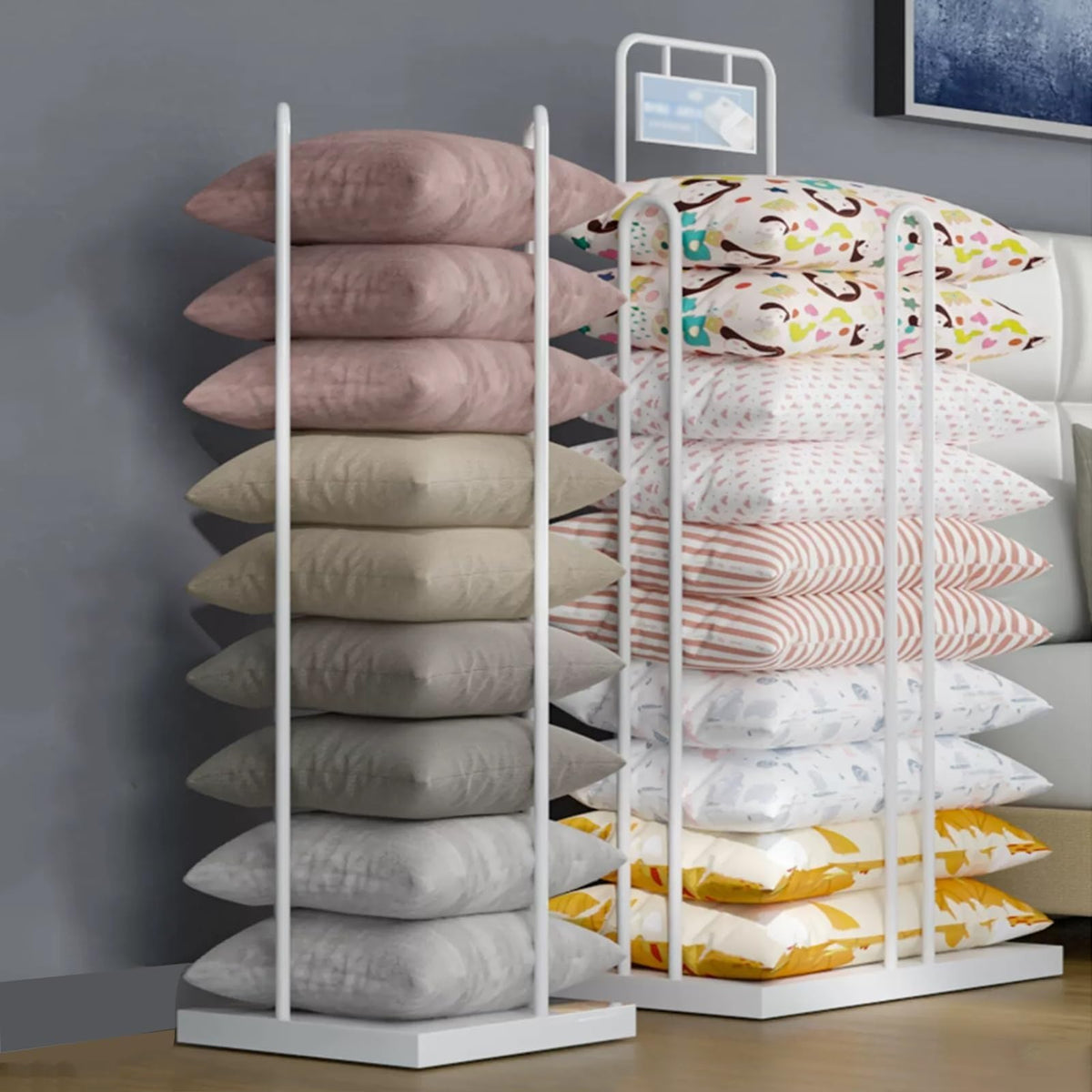 Desirelux Freestanding Pillow Display Rack, Cushion Storage Rack, Metal Steel Frame ，Commercial Retail Pillow Quilt Display Stand for Mall Clothing Stores(Set of 2)