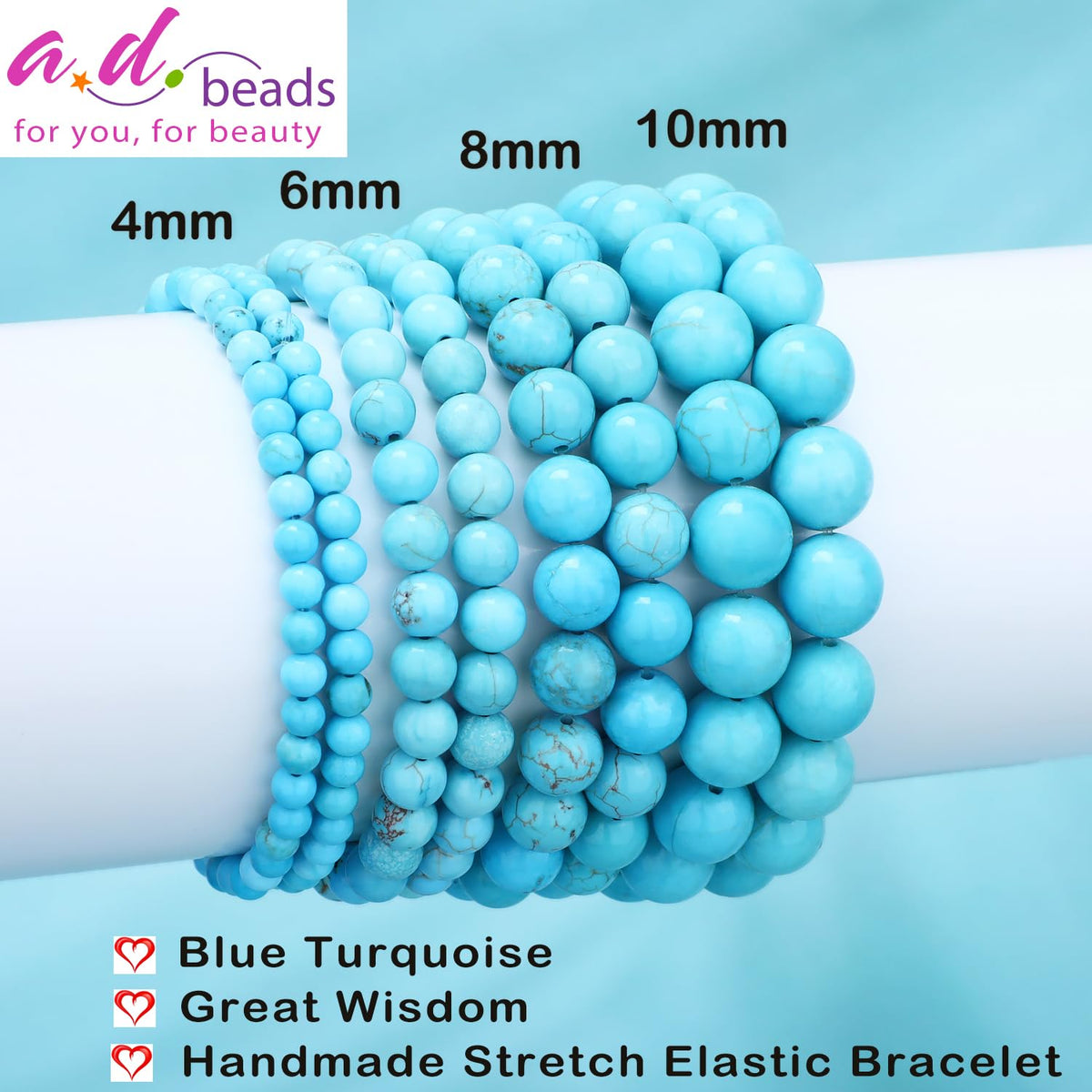 AD Beads 10mm Handmade Blue Turquoise Elastic Bracelet – Natural Gemstone for Great Wisdom – Meditation, Yoga, Healing and Energy Gift for Men Women