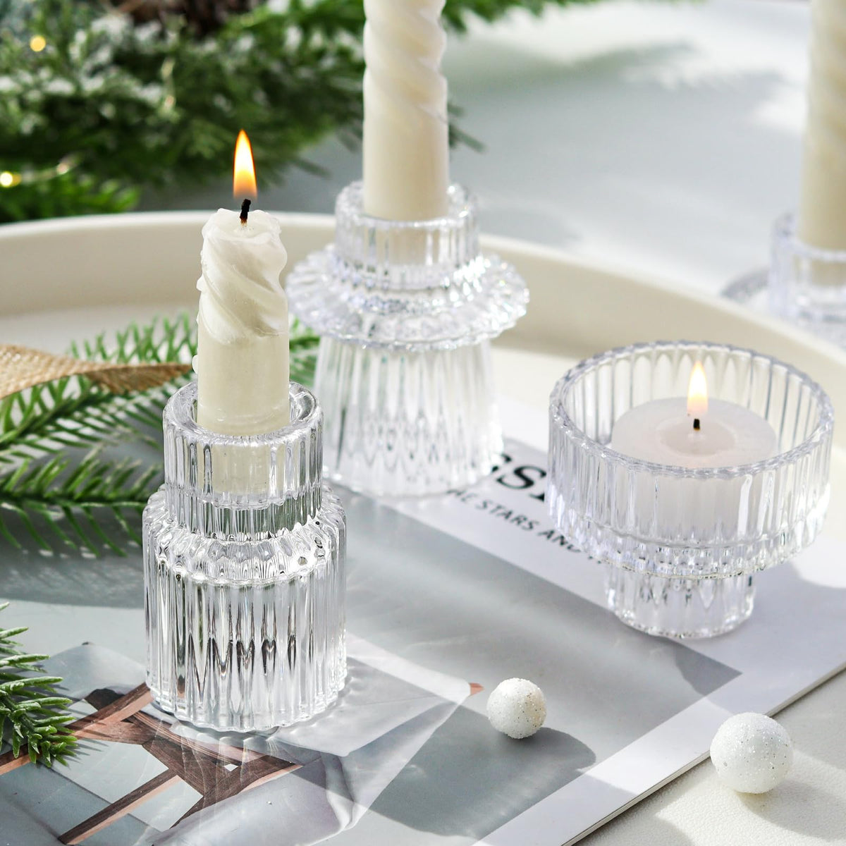 SYFURNIX Clear Candlestick Holders 12PCS Ribbed Glass Taper Candle Holders for Tealight Stick Candles Table Centerpieces Thanksgiving Christmas Indoor and Outdoor Decorations