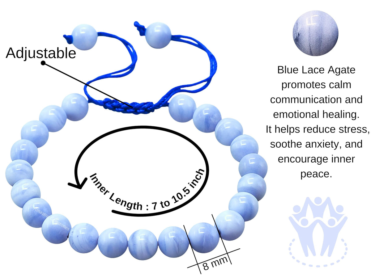 Amazing Gemstone Blue Lace Agate Bracelet for Women Men's Gifts - Protection Healing Crystal Bracelet - 8mm Gemstone Beaded Adjustable Bracelet Pulseras Para Hombres Mujer Stocking Stuffers
