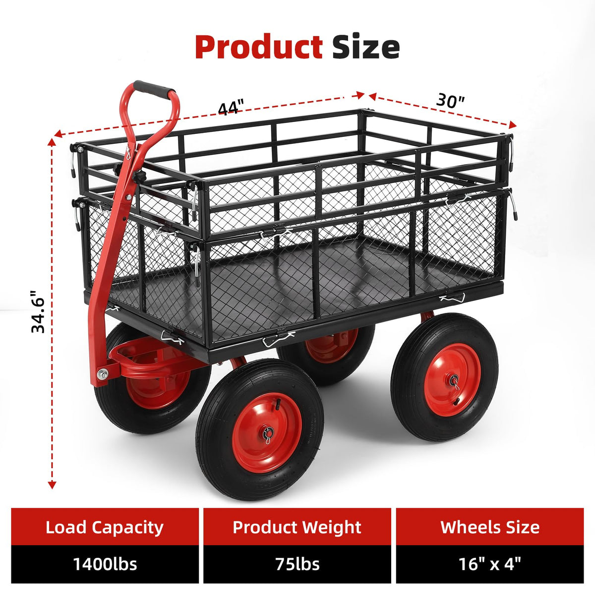 1400 lbs Steel Garden Cart, Heavy Duty Metal Yard Utility Wagon with Removable Mesh Sides, 2-in-1 180° Rotating Handle and 16 inch Wheels, Steel Utility Wagon Perfect for Garden, Farm, Yard