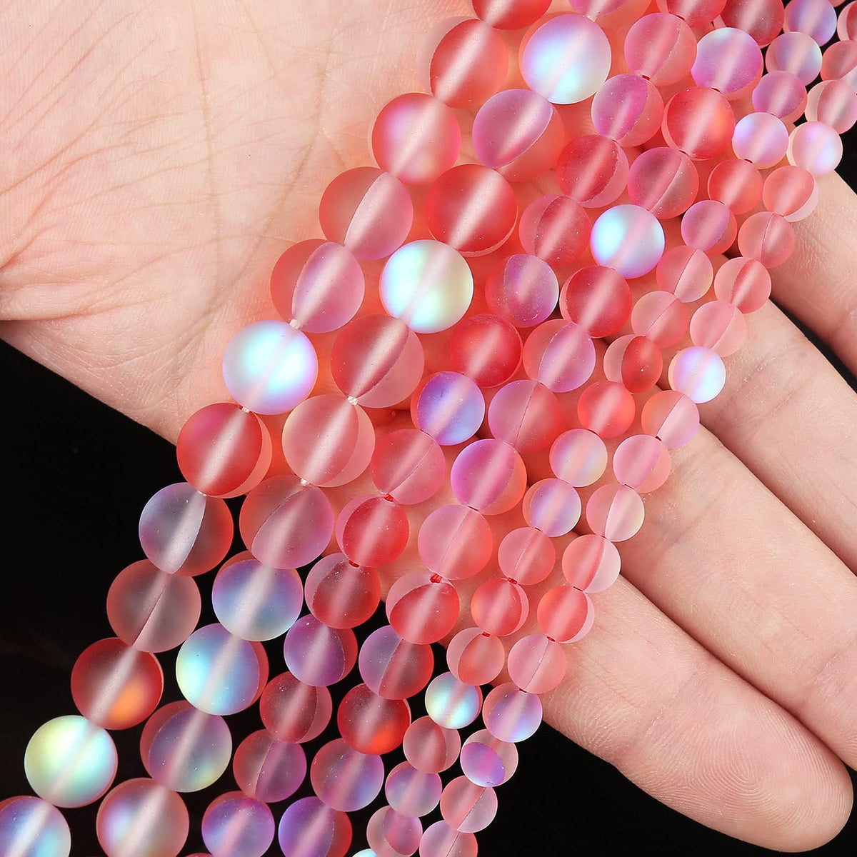 Matte Red Aurora Crystal Glass Beads, 10MM Frosted Glitter Shining Mermaid Round Loose Beads, Rainbow Holographic Synthetic Moonstone for Jewelry Making DIY Bracelet