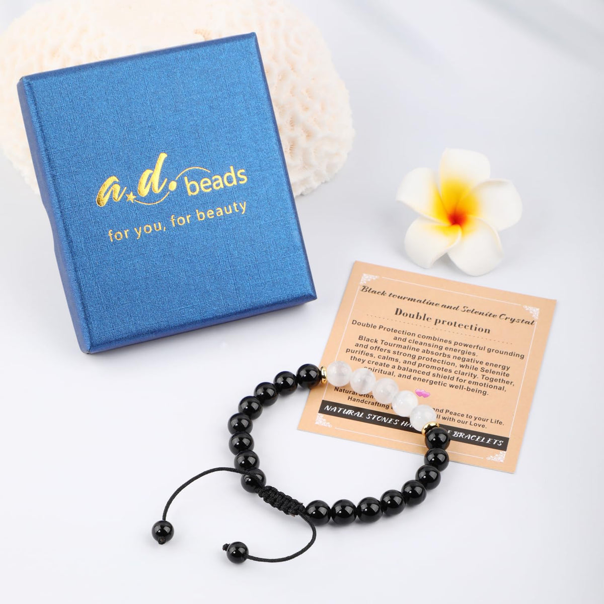 AD Beads 8mm Black tourmaline + Selenite Crystal - Double protection - Handmade Natural Stone Crystal Bracelet with Adjustable Macrame String - Yoga Healing Power Energy Gifts for Men and Women