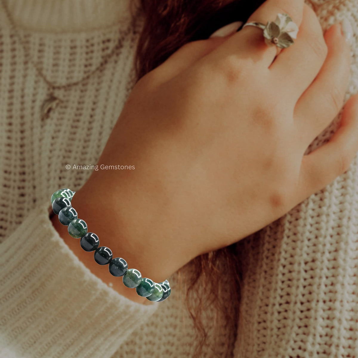 Amazing Gemstone Moss Agate Bracelet for Women Men's Gifts - Protection Healing Crystal Bracelet - 8mm Gemstones Beaded Adjustable Bracelet Pulseras Para Hombres Mujer Stocking Stuffers