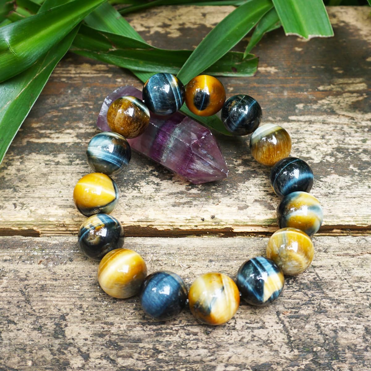 16MM Blue Tigers Eye Bracelet with Gold Eye, Fits for 9" Wrist Men Women | Protection from Evil Gem | Natural Birthstone for June