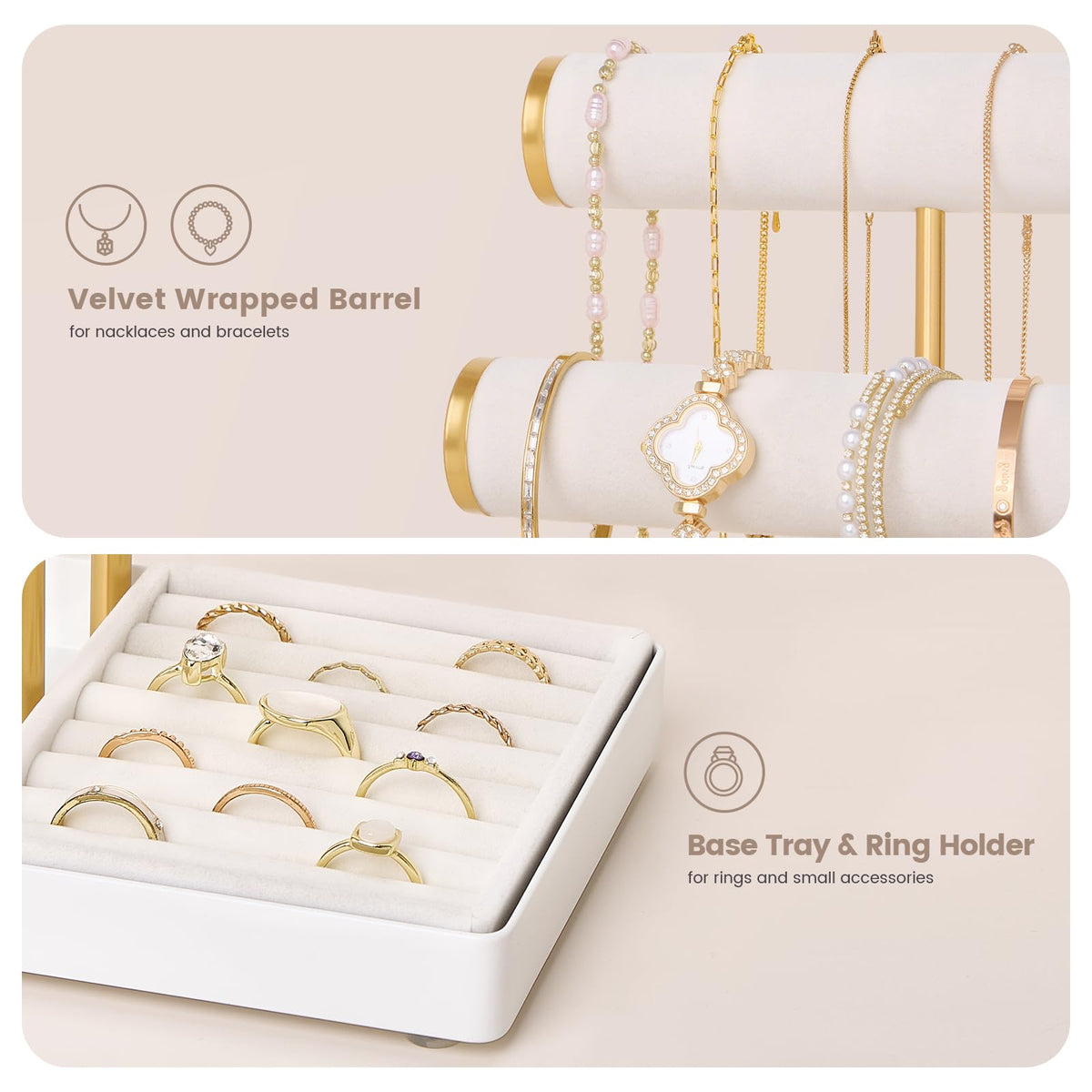 Lolalet Bracelet Display Stand Necklaces Holder, 5 Tiers Jewelry Organizer and Storage Rack with Velvet Slot and Metal Base, for Women Bangles Watches Ring Earrings -White