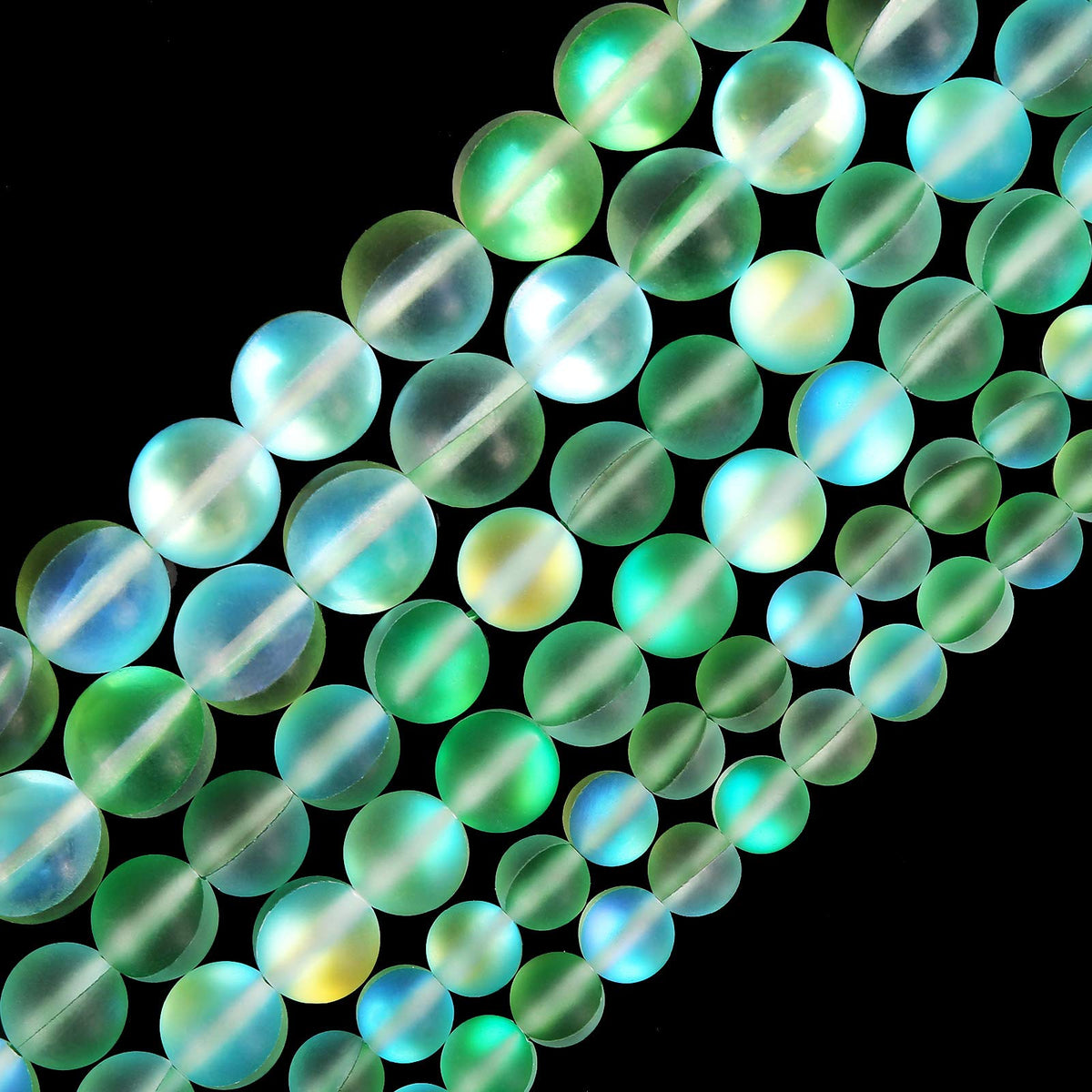 Matte Green Aurora Crystal Glass Beads, 8MM Frosted Glitter Shining Mermaid Round Loose Beads, Rainbow Holographic Synthetic Moonstone for Jewelry Making DIY Bracelet
