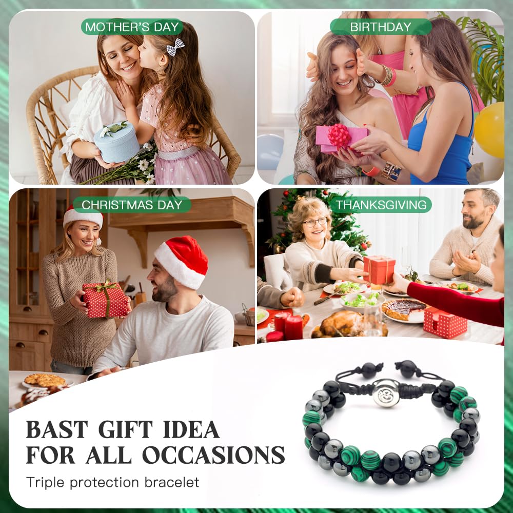 Triple Protection Bracelet - for Protect & Balance - Energy Crystal Bracelets for Men Women - Bring Good Luck & Prosperity - Malachite Hematite & Black Obsidian Jewelry Natural Stone Healing Bracelet