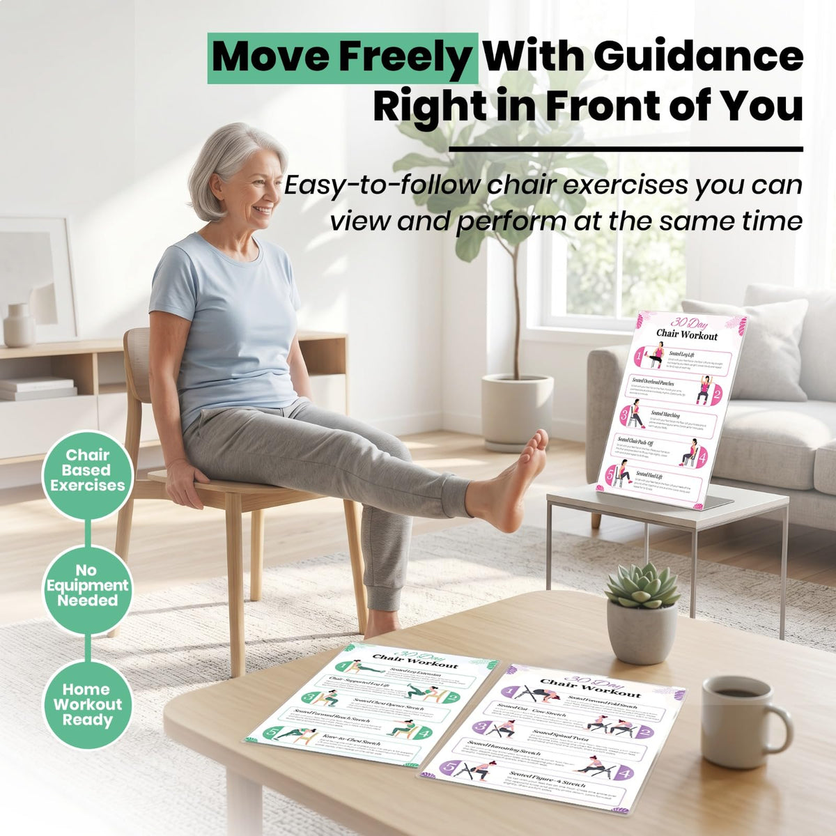 Chair Yoga Poster for Seniors & Beginners - Set of 6 Laminated Workout Posters - Gentle Seated Exercises for Stiffness, Joint Pain & Stress Relief - Easy to Follow 30-Day Challanges Home Workout Guide