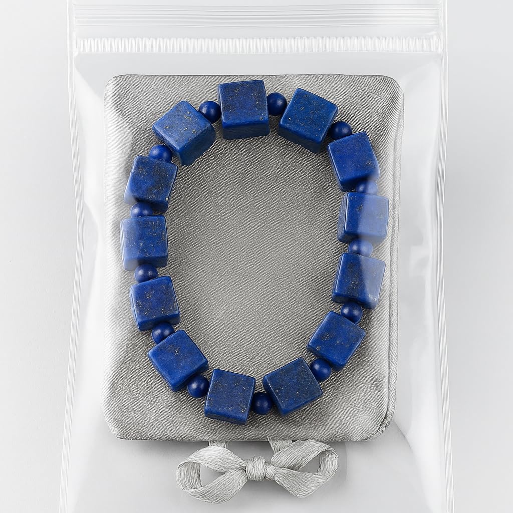 Lapis Lazuli Healing Bracelet – Real Crystal Beads for Stress Relief, Meditation & Chakra Balance – Natural Gemstone Jewelry Gift for Women & Men, Adjustable with Gift Box (Cube Round （no gift box）)