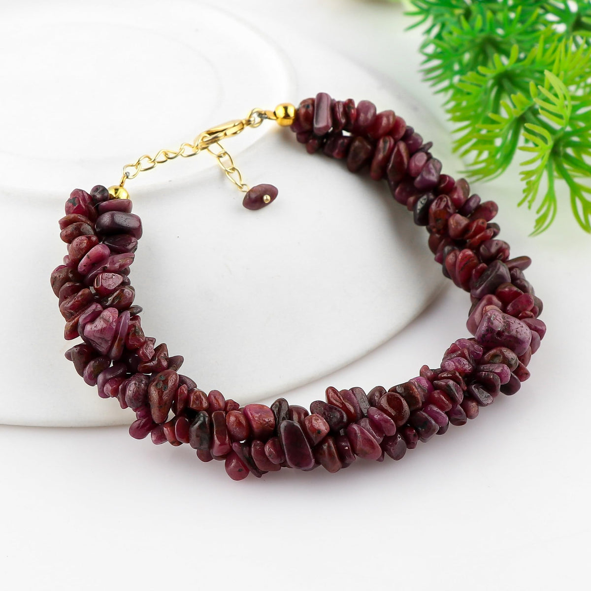 CRYSTALINES Natural Raw Ruby Gemstone Twisted Bracelet, Handmade Boho Jewelry for Women, Polished Uncut Nuggets Strand Stones, 14K Gold Plated, Healing Crystals, July Birthstone, Christmas Gift