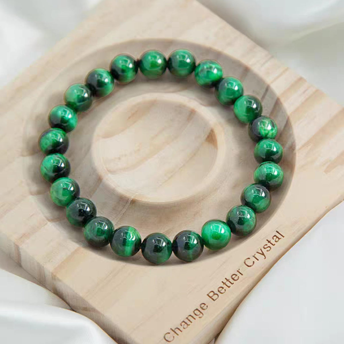 Cryhand Female 8mm Beaded Bracelets For Women Simulated Green Tigers eye Bracelet for Men Handmade Lucky Money Stretchy Crystal Bracelets Best Gifts