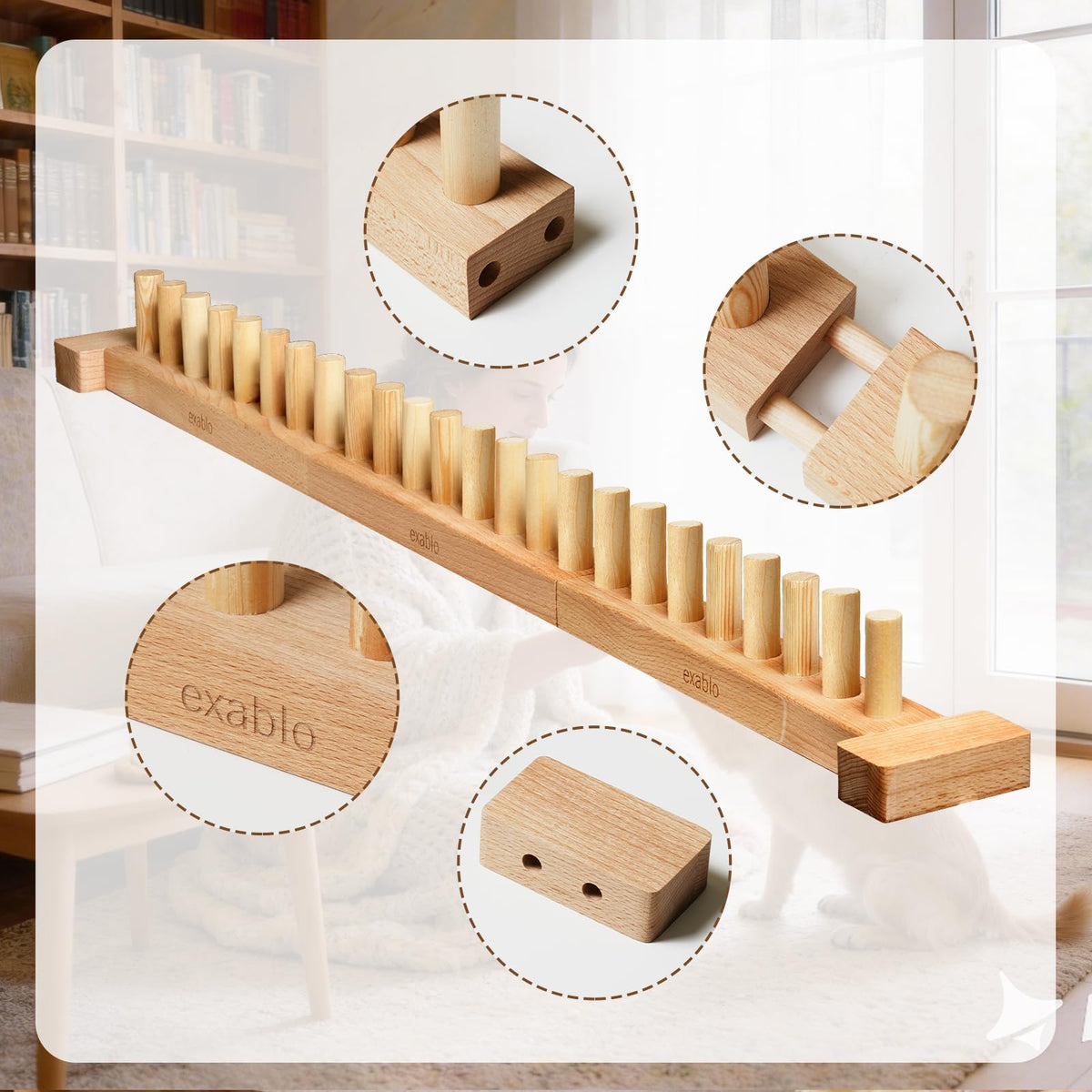 exablo 41" Beechwood Chunky Blanket Loom – Adjustable 3-Section Wooden Knitting Loom for Chunky Yarn, Beginner-Friendly DIY Craft Kit for Adults, No Needles Required
