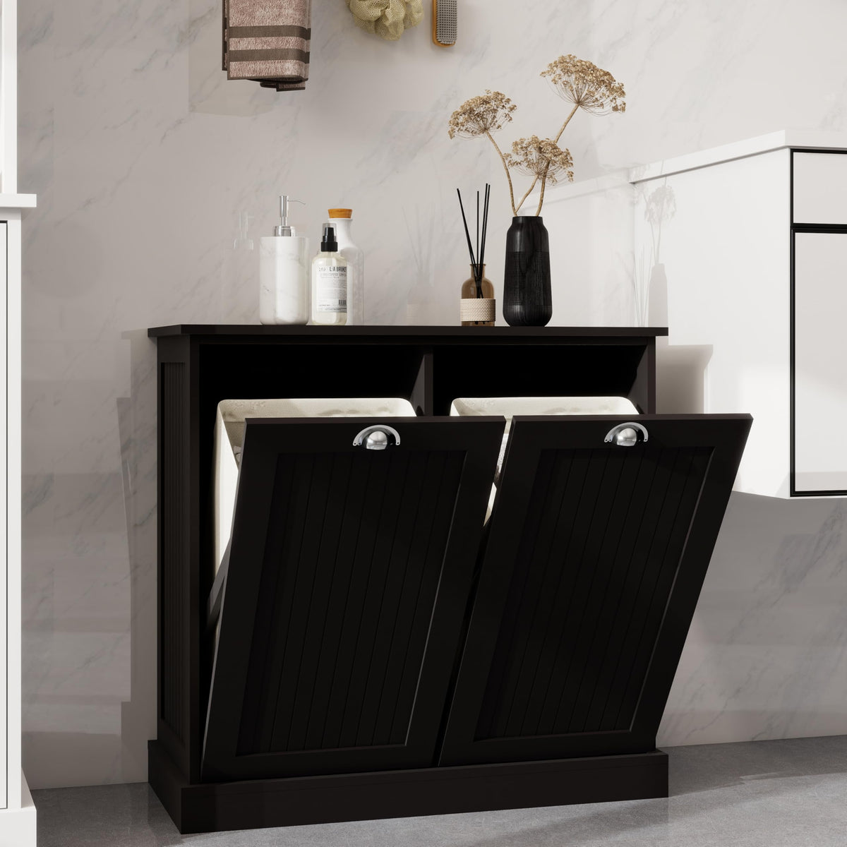 Gecheer Two-Compartment Tilt-Out Laundry Sorter Cabinet - Organized and Easy to Clean Modern Bathroom Storage Cabinet, Bathroom Shelf, Freestanding Cupboard for Living Room LYKW1120139082
