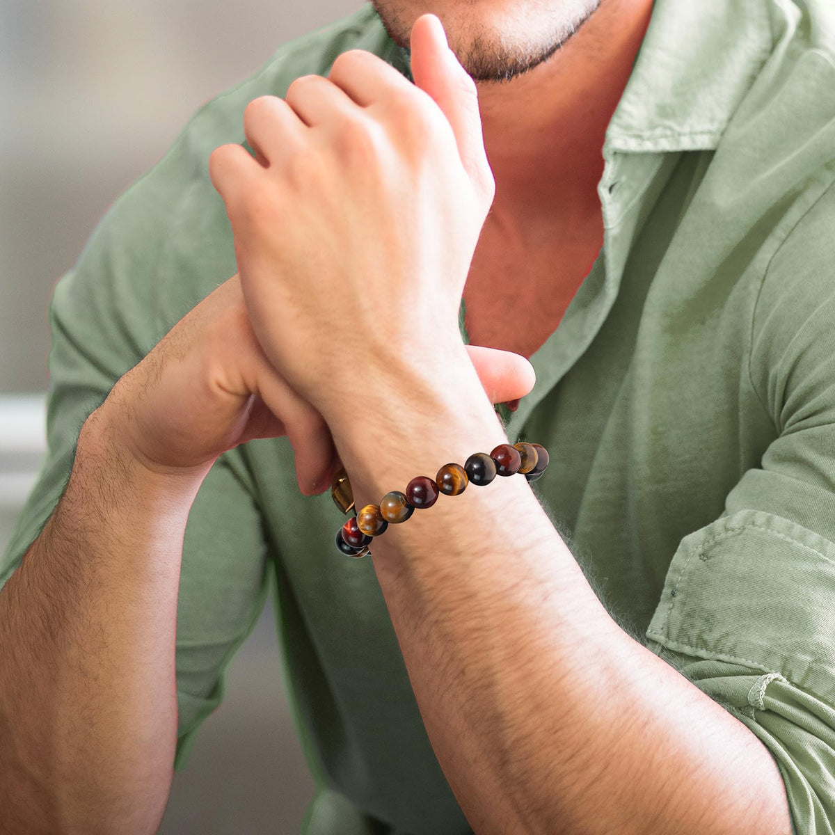 Tiger Eye Bracelets for Women Men, Triple Protection Chakra Beaded Bracelet, Relax Anxiety Healing Crystal Jewelry for Balance, Natural Gemstones Bracelets Gifts for Women Birthday (10MM)