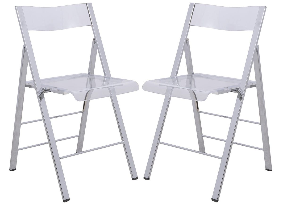 LeisureMod Transparent Acrylic Folding Chair, Lightweight Iron Chrome Base, Comfortable Clear Desk Chair, No Assembly Needed (Set of 2) in Clear