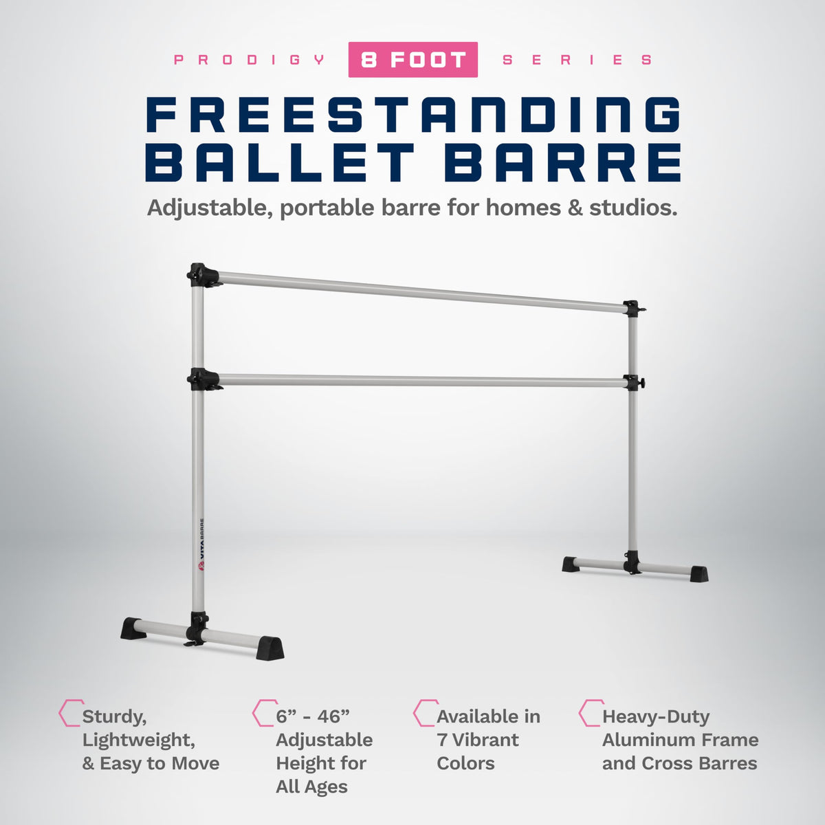 VITA Barre Portable Freestanding Double Ballet Barre, Prodigy, 8 Ft Bars, Satin Silver | Adjustable Height, USA Made, Home or Gym Exercise Equipment for Kids & Adults | Dance, Fitness, Pilates