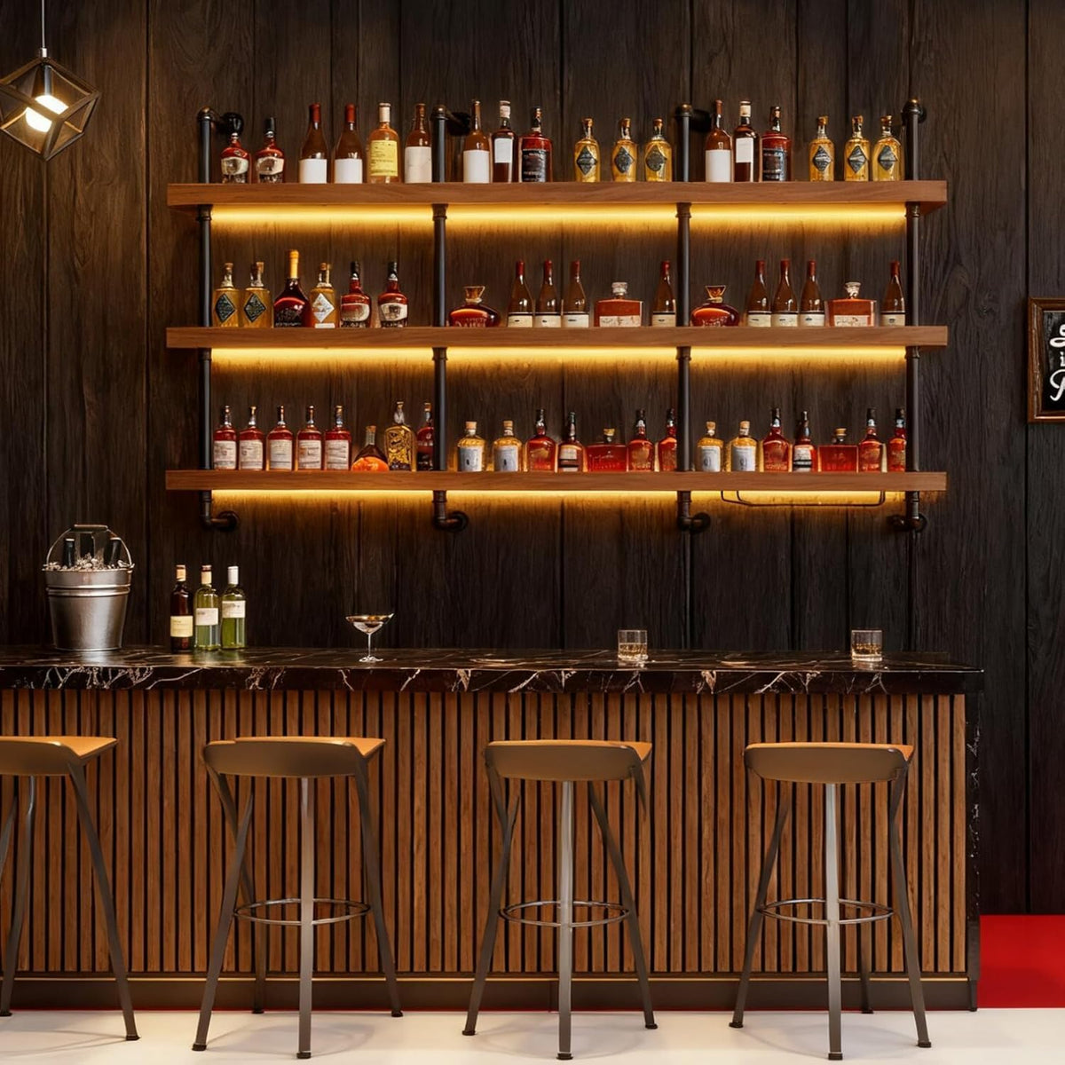 Dawselod 70.8in Large Wine Rack with LED Light Solid Wood Wall Mounted Wine Rack, 3-Tiers Liquor Bottles Floating Shelves Display Storage Organizer for Home Bar & Dining Room (180cm/70.8in)