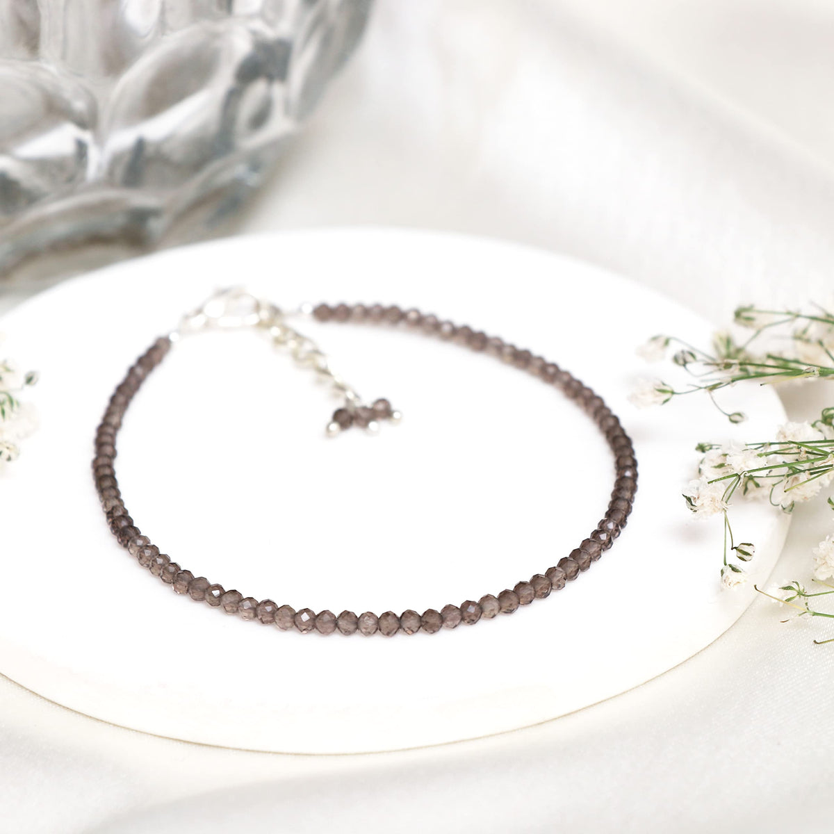 Gempires Smoky Quartz Bracelet for Women | Handmade Dainty Gemstone Beaded Bracelet 2.5 mm | Adjustable Silver Plated Minimalist Jewelry | Lightweight Everyday Bracelet | Elegant Gift for Her