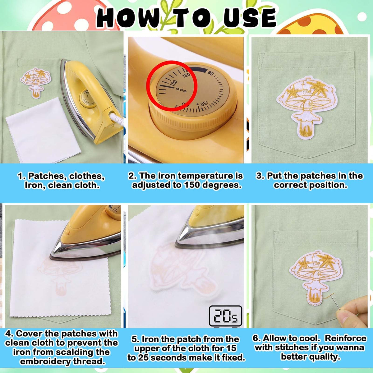 Thiccywoov 120 Pcs Iron on for Clothing Patches Mini Retro Patches Appliques Iron on Sew on Embroidered Stickers for DIY Gift Jackets Jeans Backpacks Hats Dress Pants Shoes Craft (Mushroom)