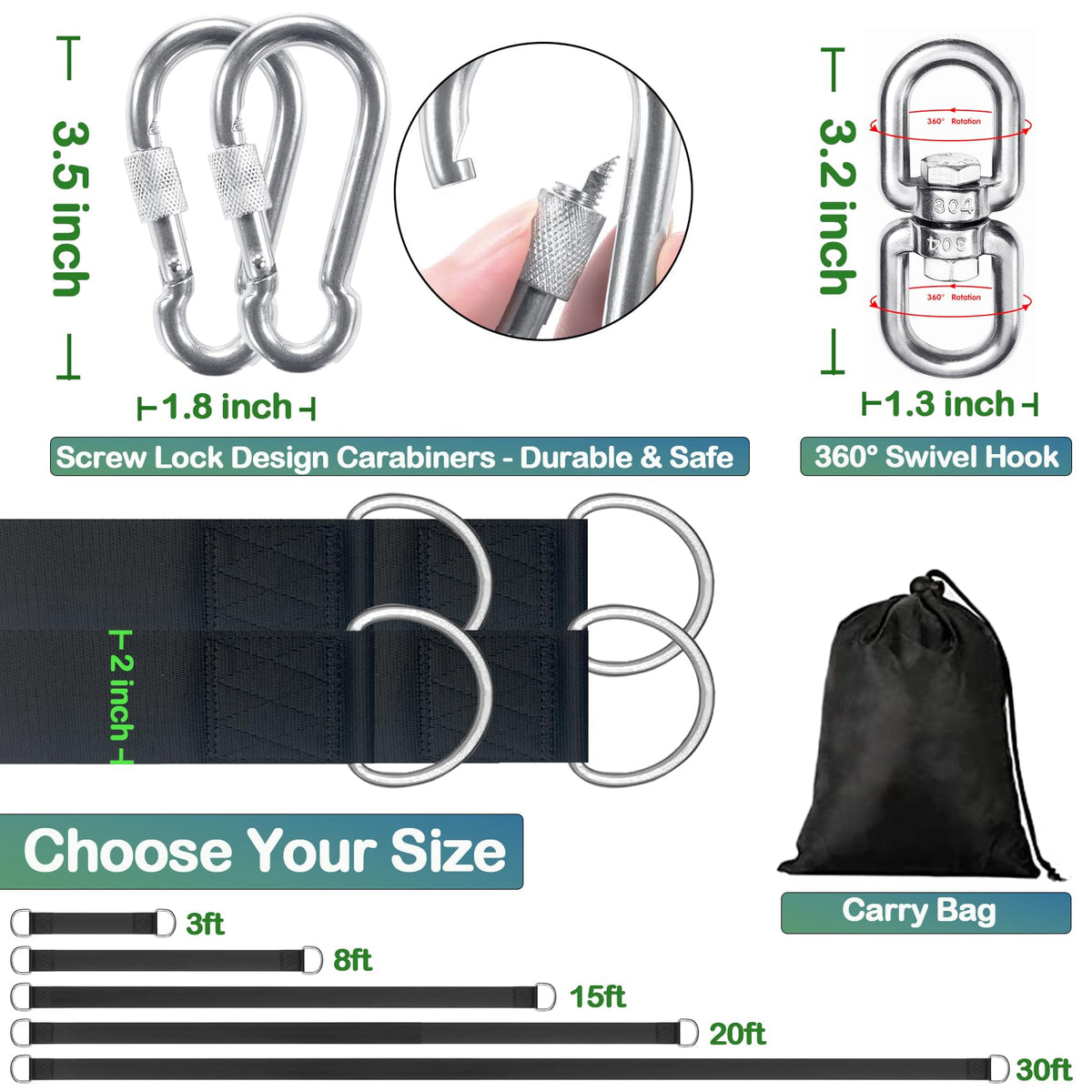 Veriluck Tree Swing Straps Hanging Kit - 3FT/8FT/15FT/20FT/30FT, Strong & Durable - Holds Up to 5000lbs - Adjustable Tree Swing Straps Fit for All Swings, Hammocks, Safer & Easy Installation (30 FT)