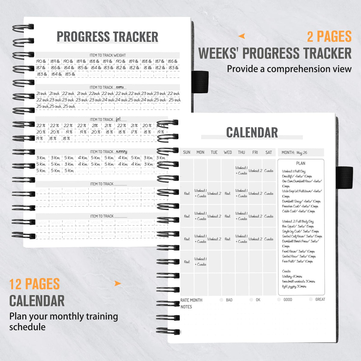 Workout Journal for Men & Women, Workout Planner with Monthly Calendar, ( 8.3" x 6") Grayish-black Texture Hardcover Workout Log Book Track Training, Diet, Progress, Achieve Wellness Goals, Perfect for Fitness Enthusiast