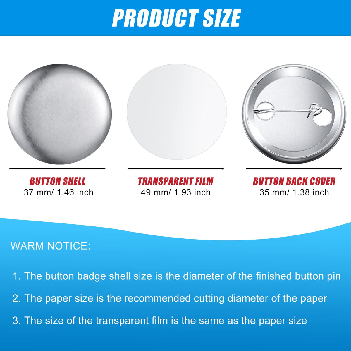 600 Pieces Blank Button Making Supplies Round Badge Parts Metal Pin Button Kit for Badge Make Machine, Including Metal Shells Back Cover and Clear Film(1.46 Inches)