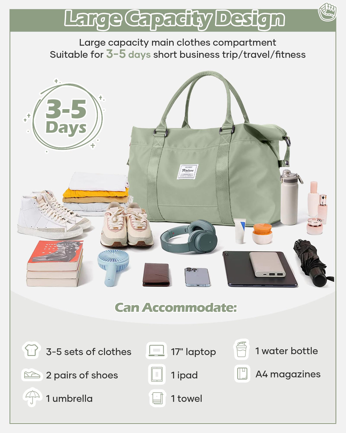 Travel Duffel Bags for Women Mens Waterproof Weekender Carry on Bag Sports Gym Bag Travel Tote Bags with Wet Pocket Overnight Bag Workout Duffel Bags with Trolley Sleeve Grey Green