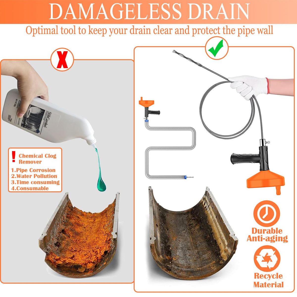 Drain Snake Auger, 33 Feet Plumbing Snake Drain Hair Clog Removal Tool, Sink Unclogger Drain, Heavy Duty Toilet Snake Auger, Cleaner Tool for Bathroom Kitchen Tub Shower Drain Clog Remover with Gloves