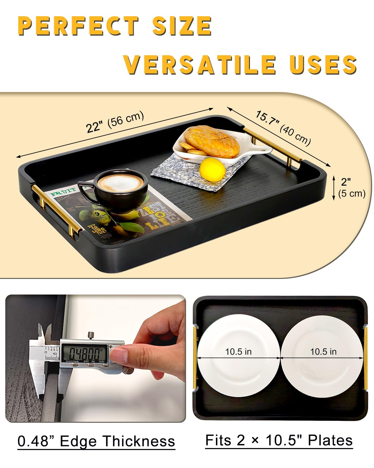 OurMiao 22" x 15.75" Black Wooden Serving Tray with Gold Metal Handles & Rounded Corners, Large Rectangular Wood Ottoman Tray for Living Room, Coffee Station