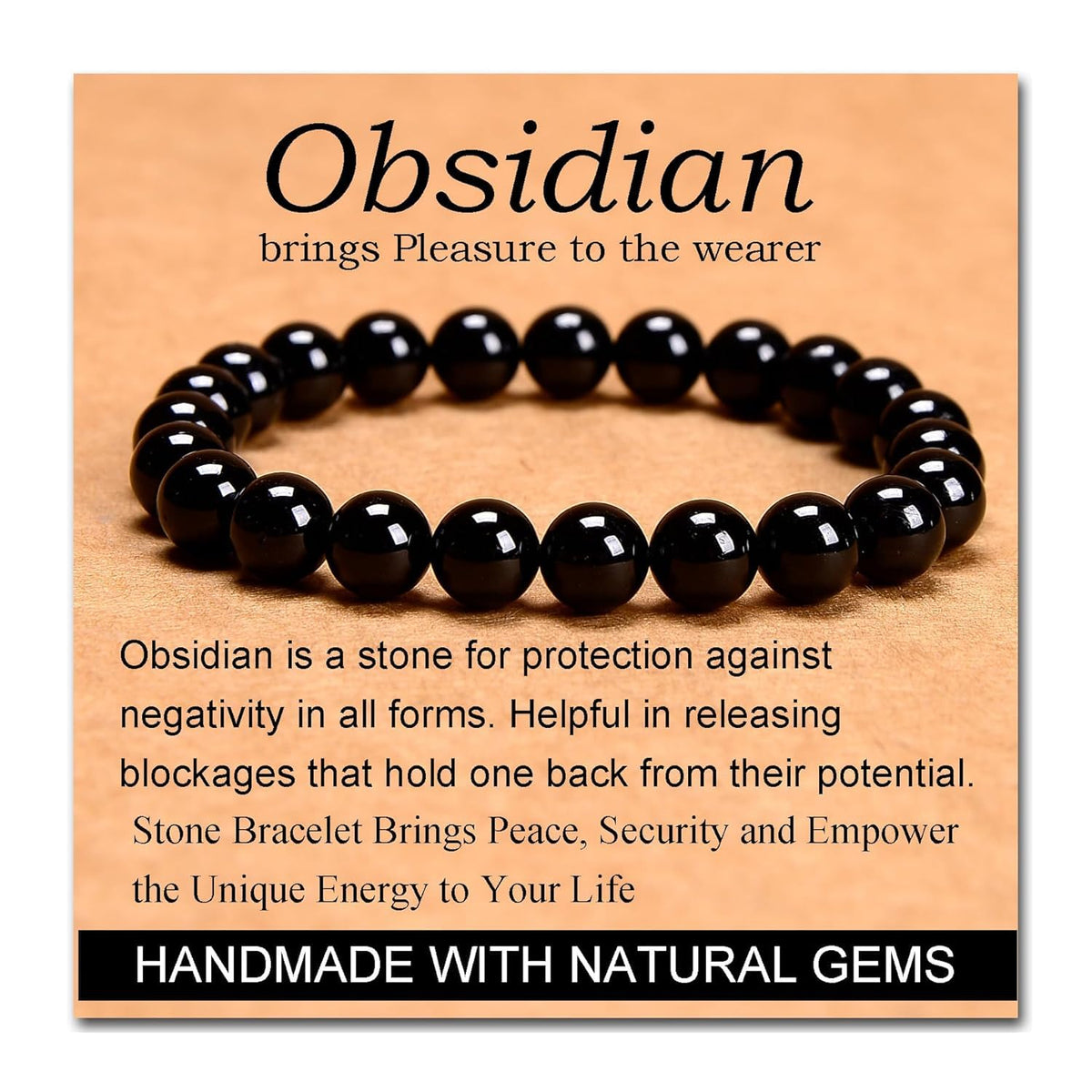 CHELYQST Black Obsidian Bracelet - Stone of Pleasure,Stretch Natural Stone Crystal Beads Jewelry Gifts for Women Men Unisex Adult,8mm