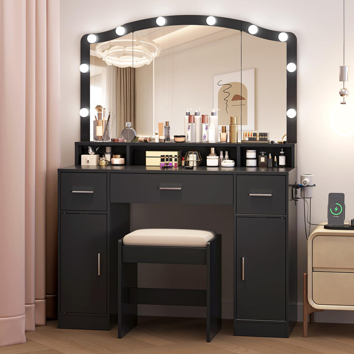 Patikuin Modern Makeup Vanity Table Set with LED Lighted Mirror, 3 Drawers, 2 Cabinets, Charging Ports, Cushioned Stool - Storage Desk for Girls and Women Bedroom or Playroom - Black